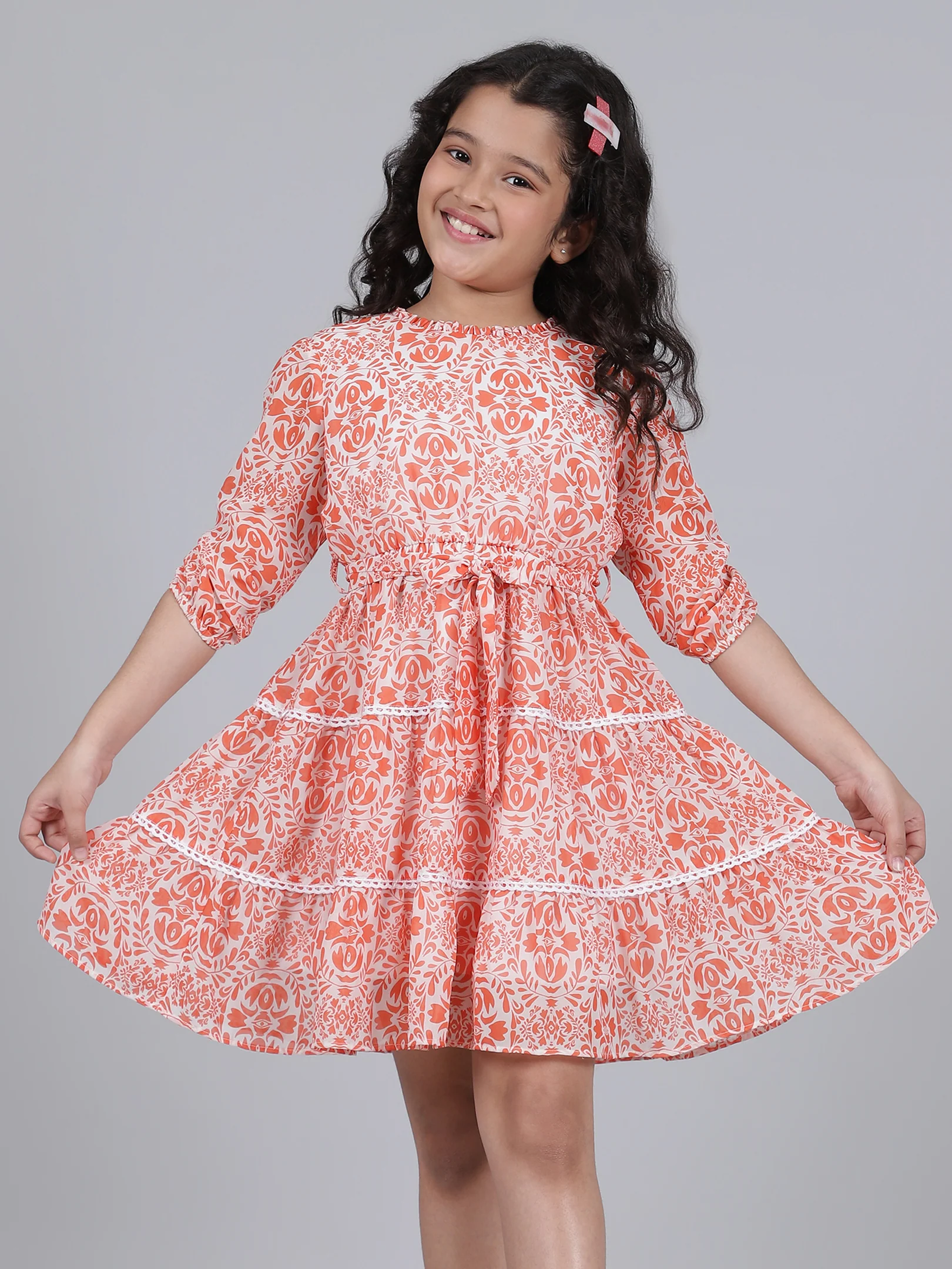 Girls Printed Orange Round Neck 3/4th Sleeves Casual Dress - Image 2