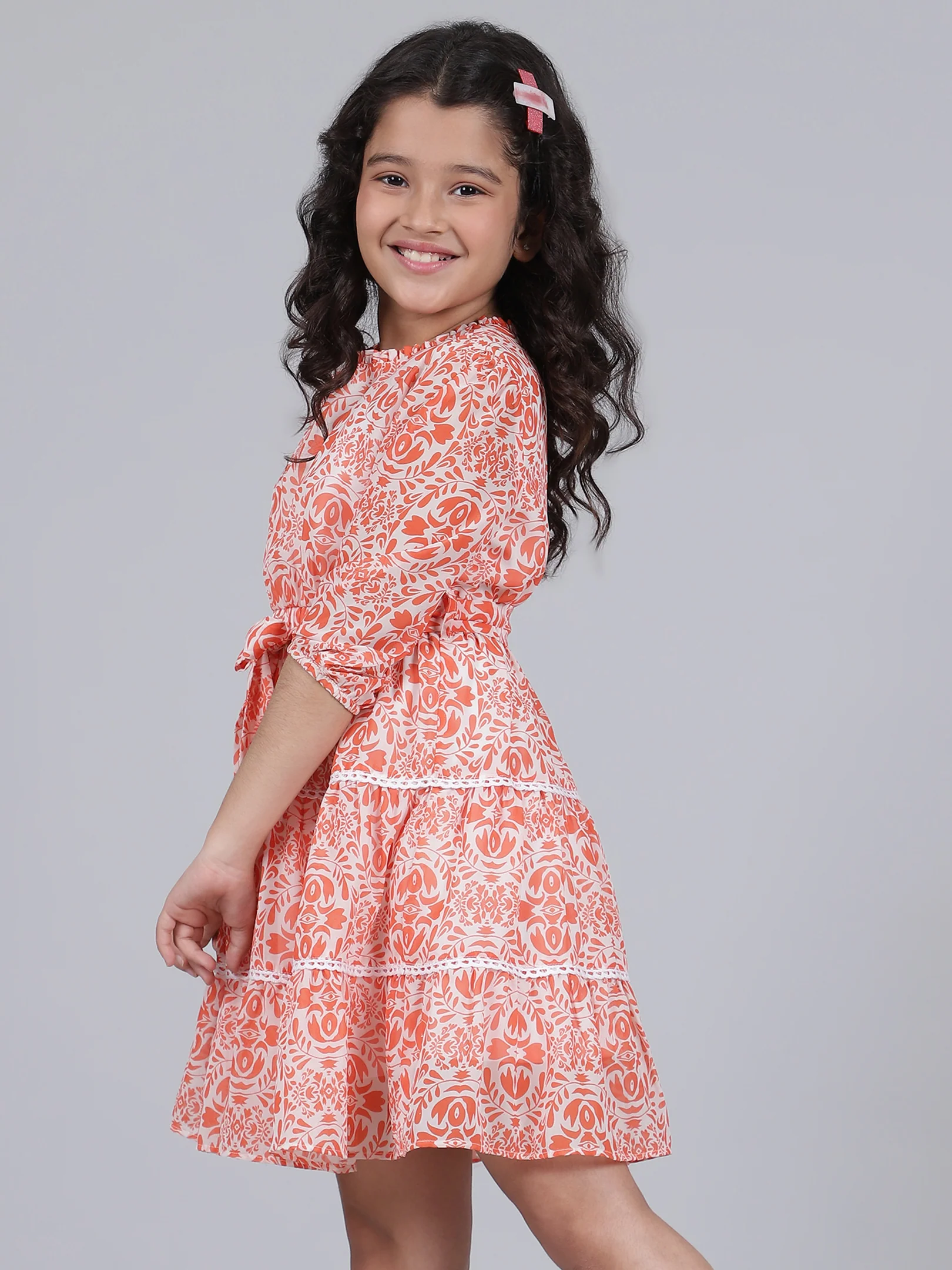 Girls Printed Orange Round Neck 3/4th Sleeves Casual Dress - Image 3