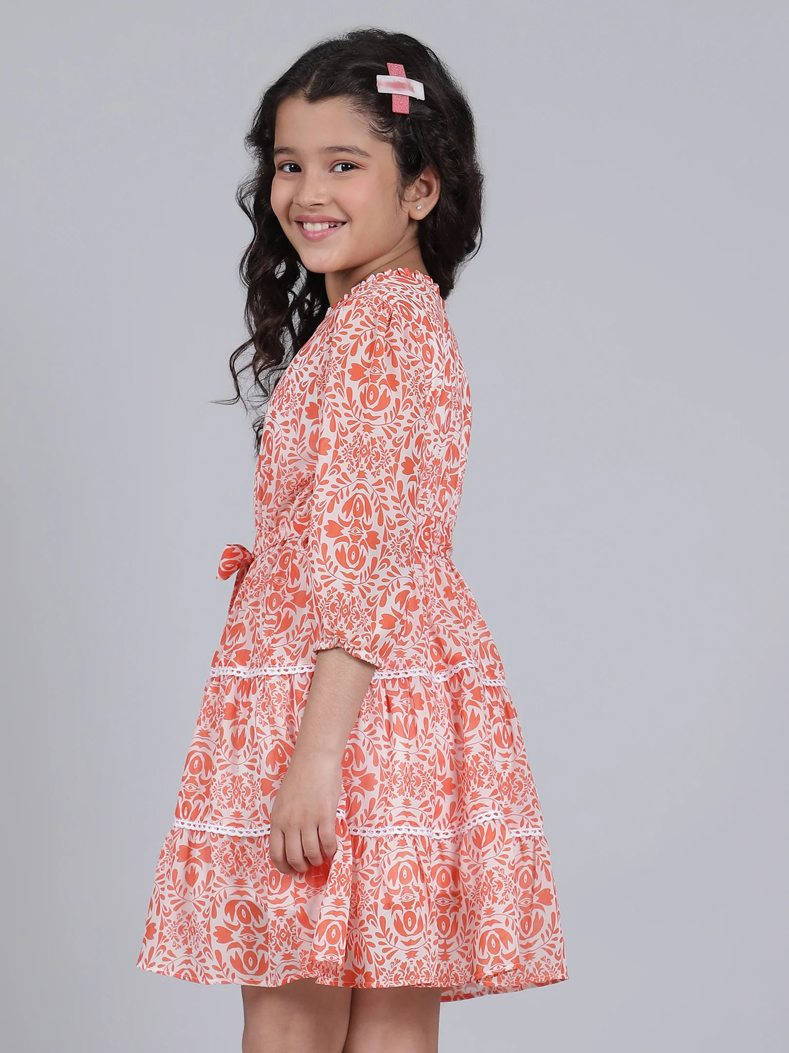 Girls Printed Orange Round Neck 3/4th Sleeves Casual Dress - Image 4