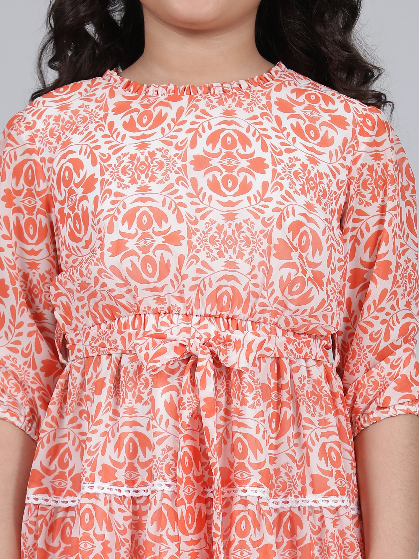 Girls Printed Orange Round Neck 3/4th Sleeves Casual Dress - Image 6