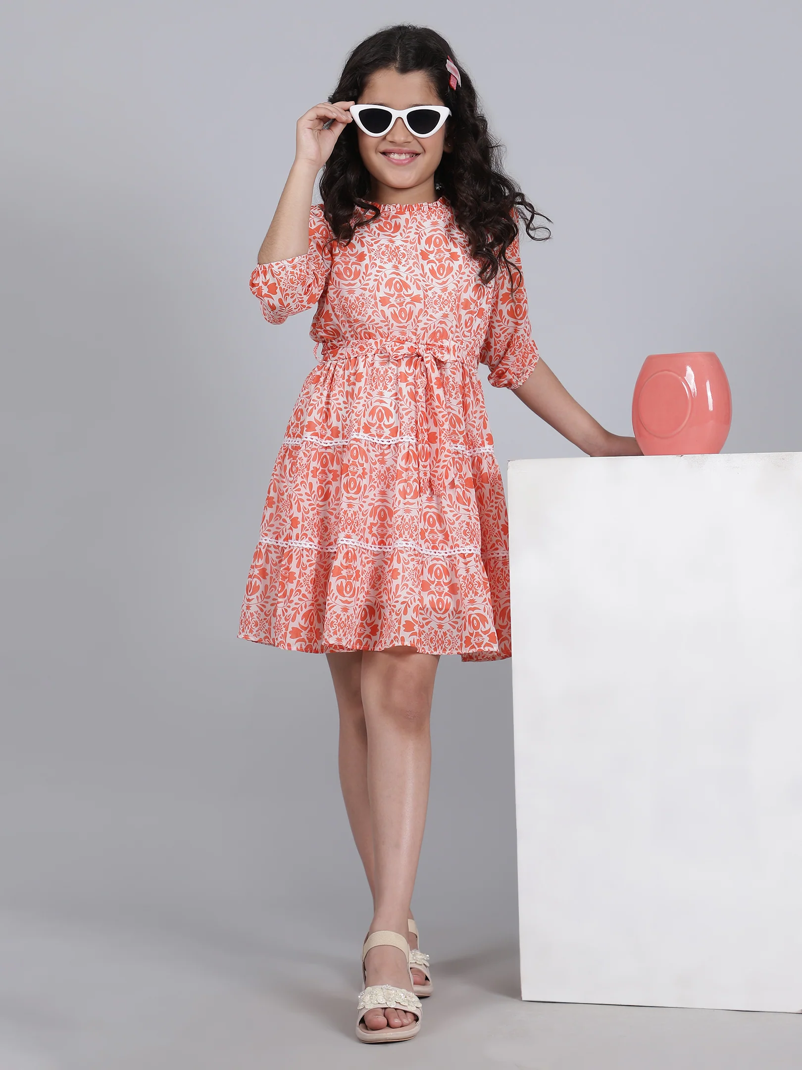 Girls Printed Orange Round Neck 3/4th Sleeves Casual Dress - Image 7