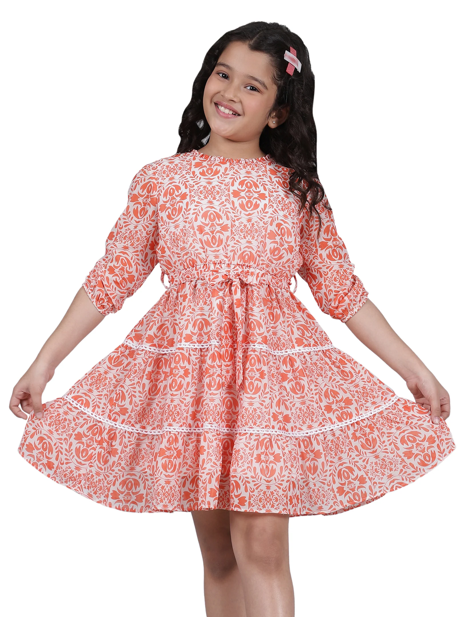 Girls Printed Orange Round Neck 3/4th Sleeves Casual Dress - Image 9