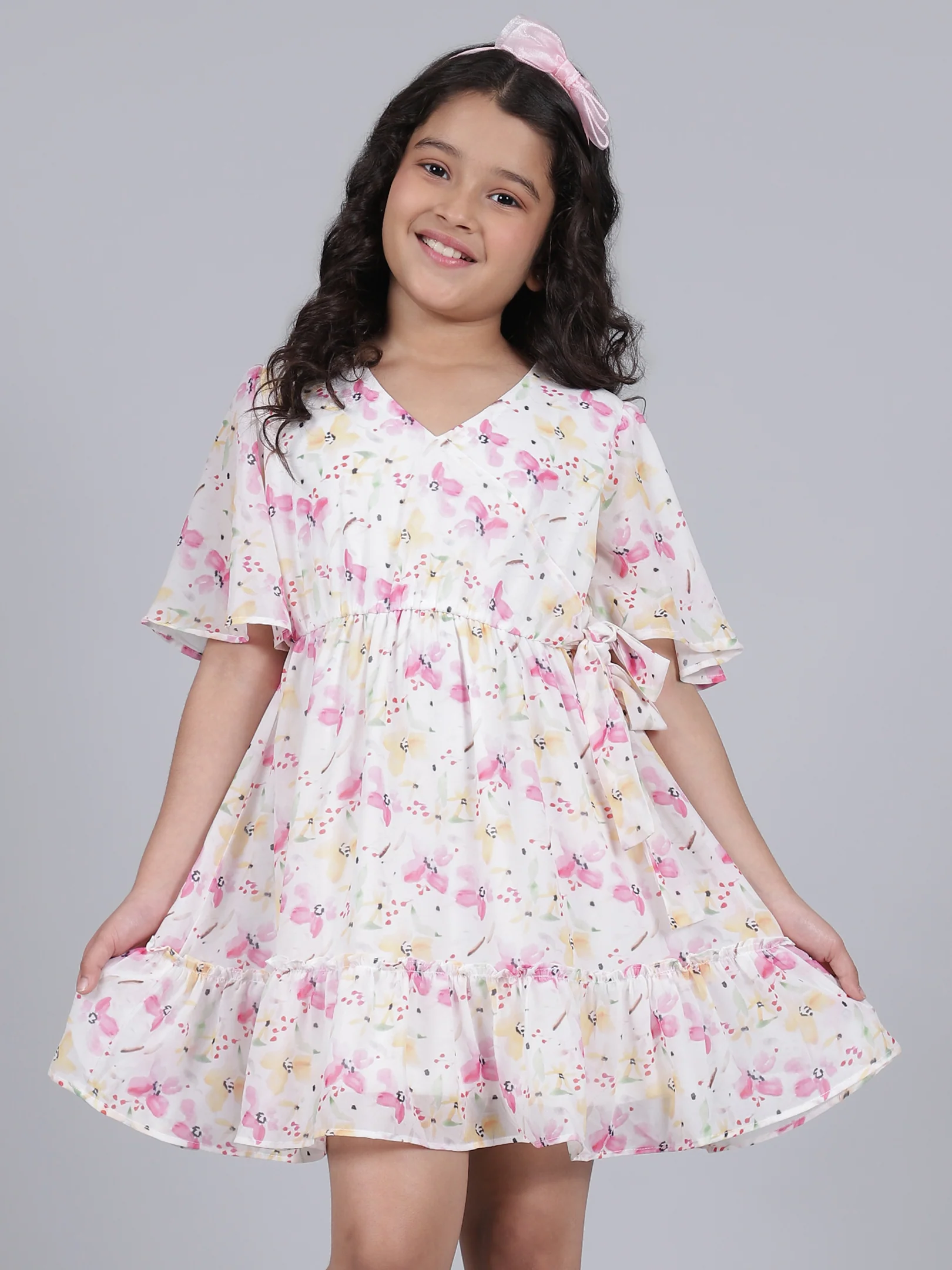 Girls Printed Pink Half Sleeves V-Neck Casual Dress - Image 2