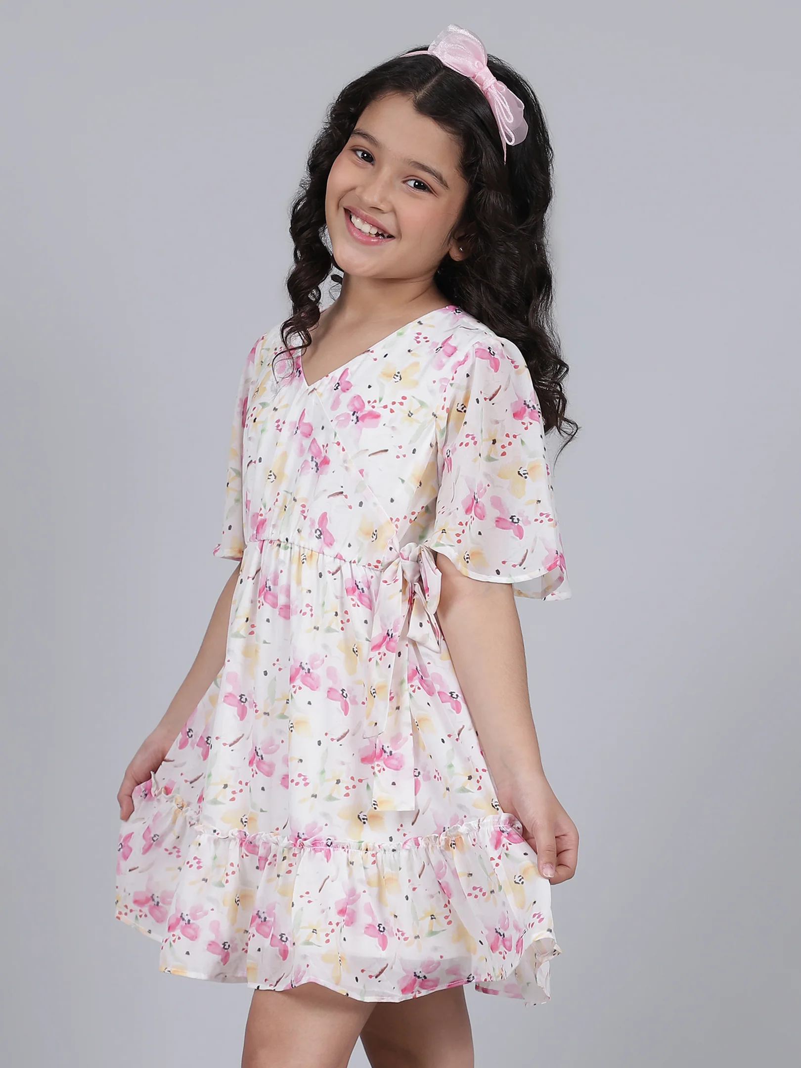 Girls Printed Pink Half Sleeves V-Neck Casual Dress - Image 3