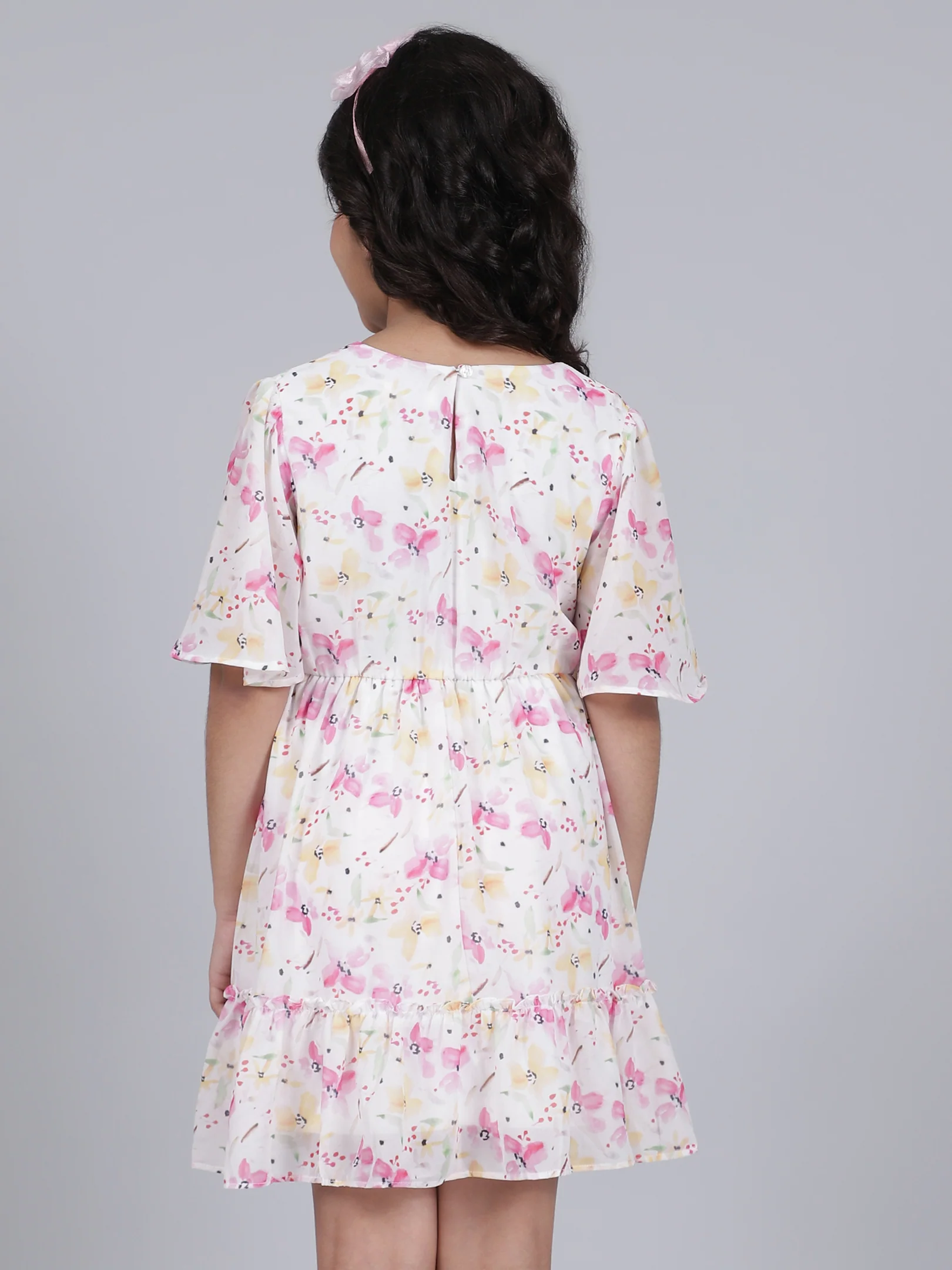 Girls Printed Pink Half Sleeves V-Neck Casual Dress - Image 4