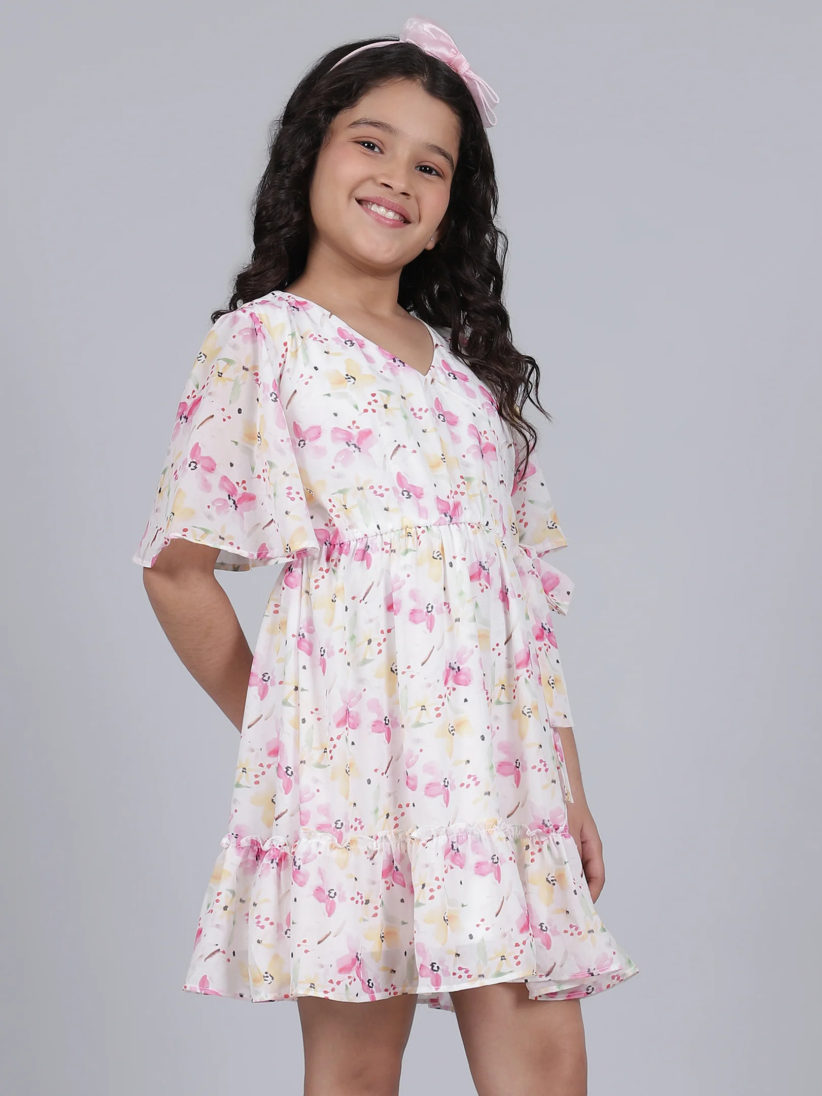 Girls Printed Pink Half Sleeves V-Neck Casual Dress - Image 5