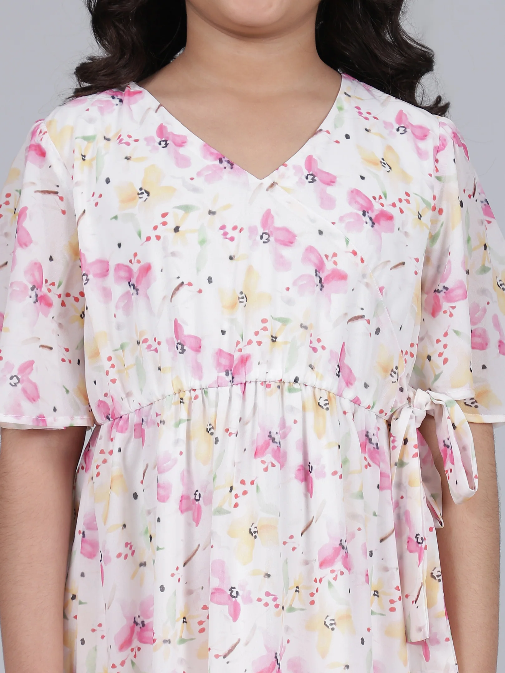 Girls Printed Pink Half Sleeves V-Neck Casual Dress - Image 6