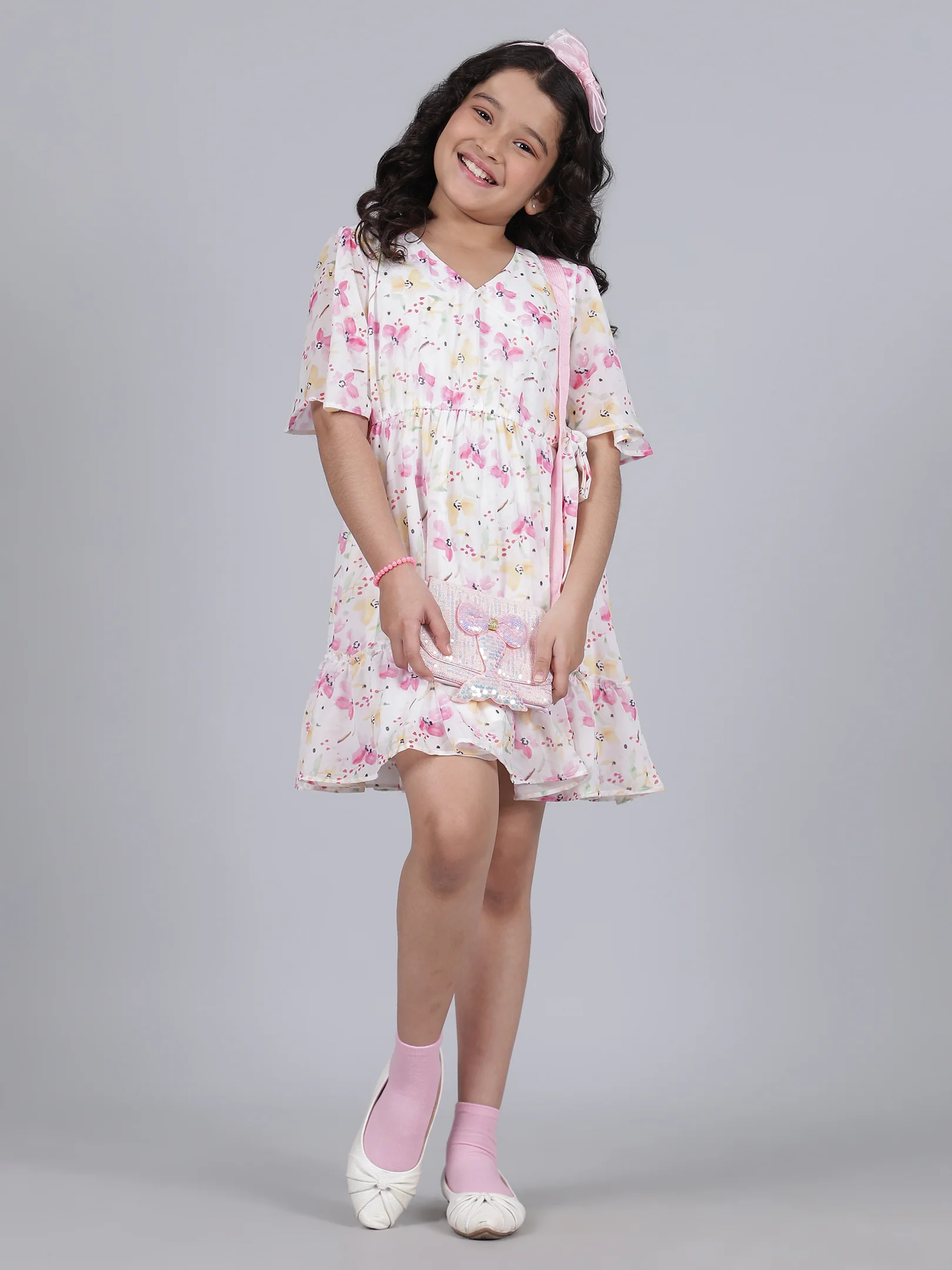 Girls Printed Pink Half Sleeves V-Neck Casual Dress - Image 7