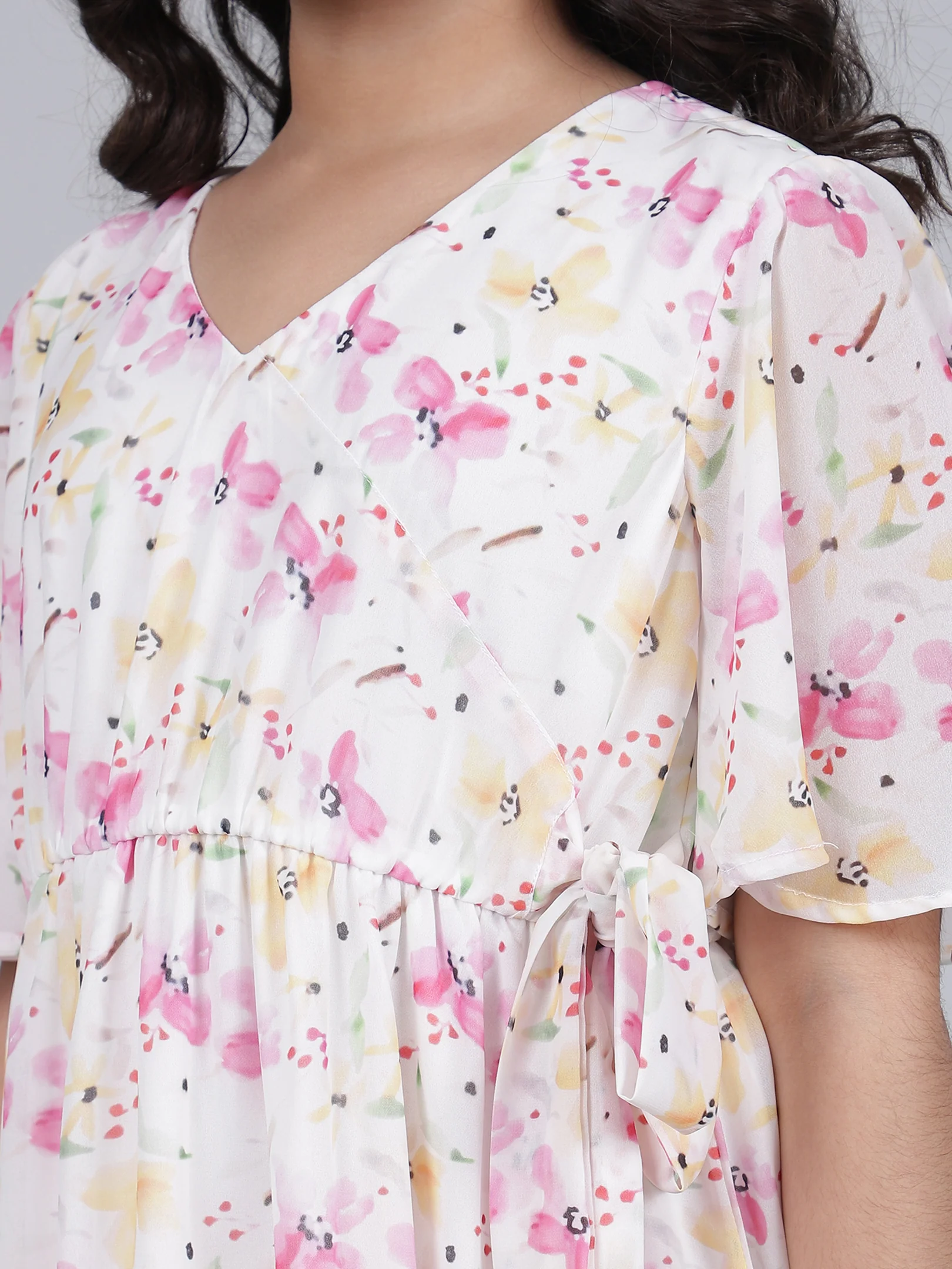 Girls Printed Pink Half Sleeves V-Neck Casual Dress - Image 8