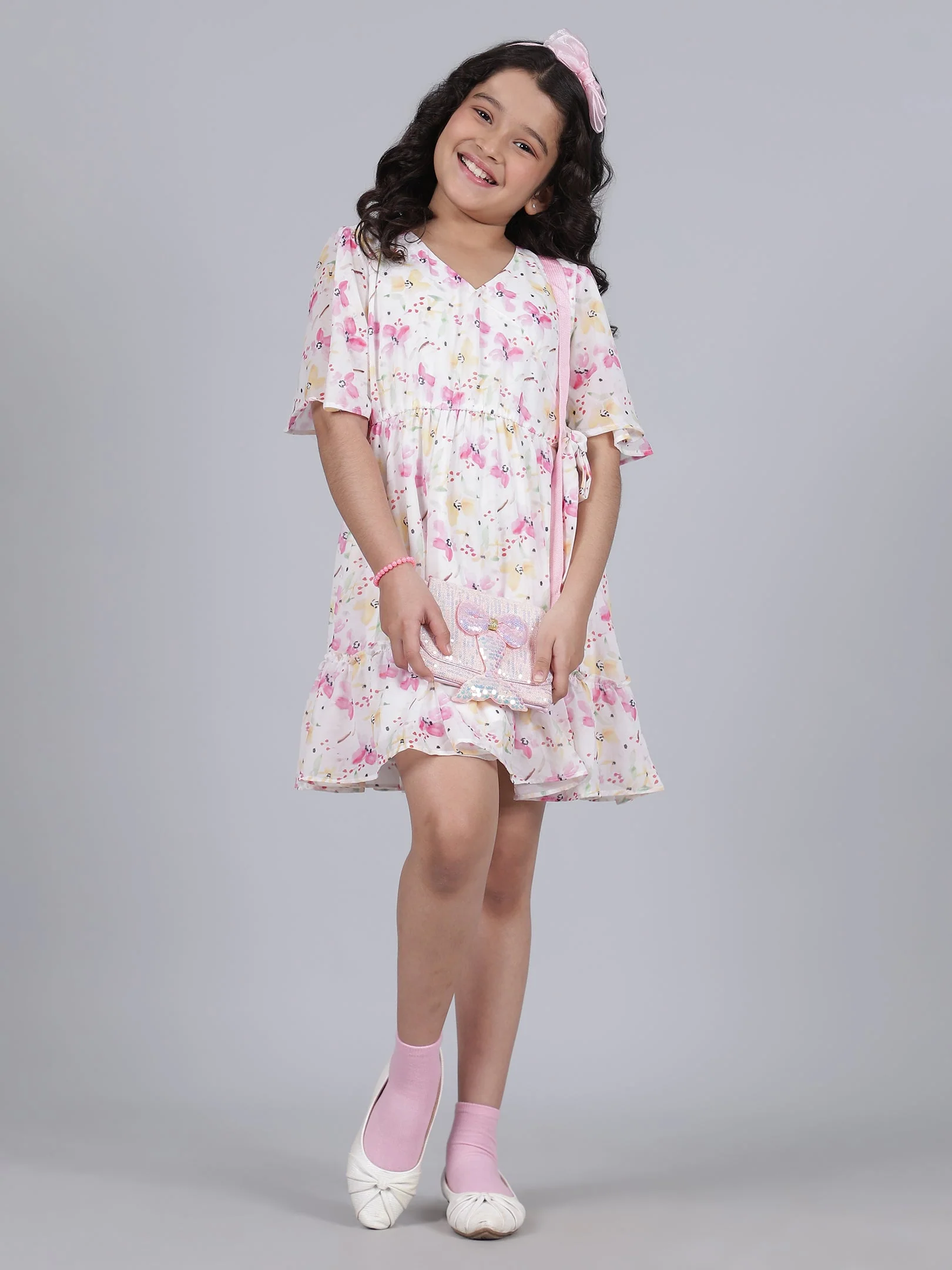 Girls Printed Pink Half Sleeves V-Neck Casual Dress - Image 9