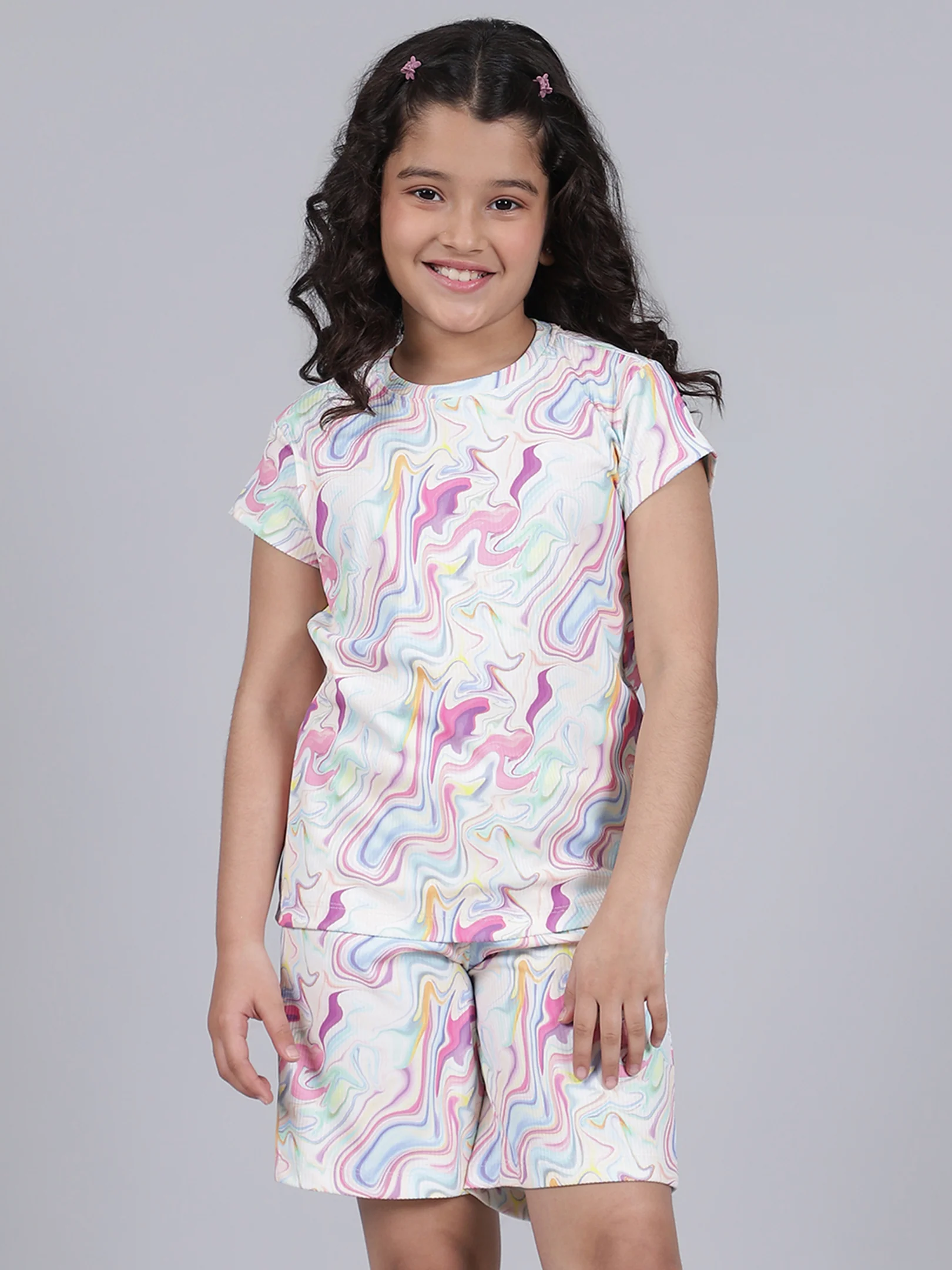 Girls Printed Pink Round Neck Half Sleeves Casual Co-ord-set - Image 2