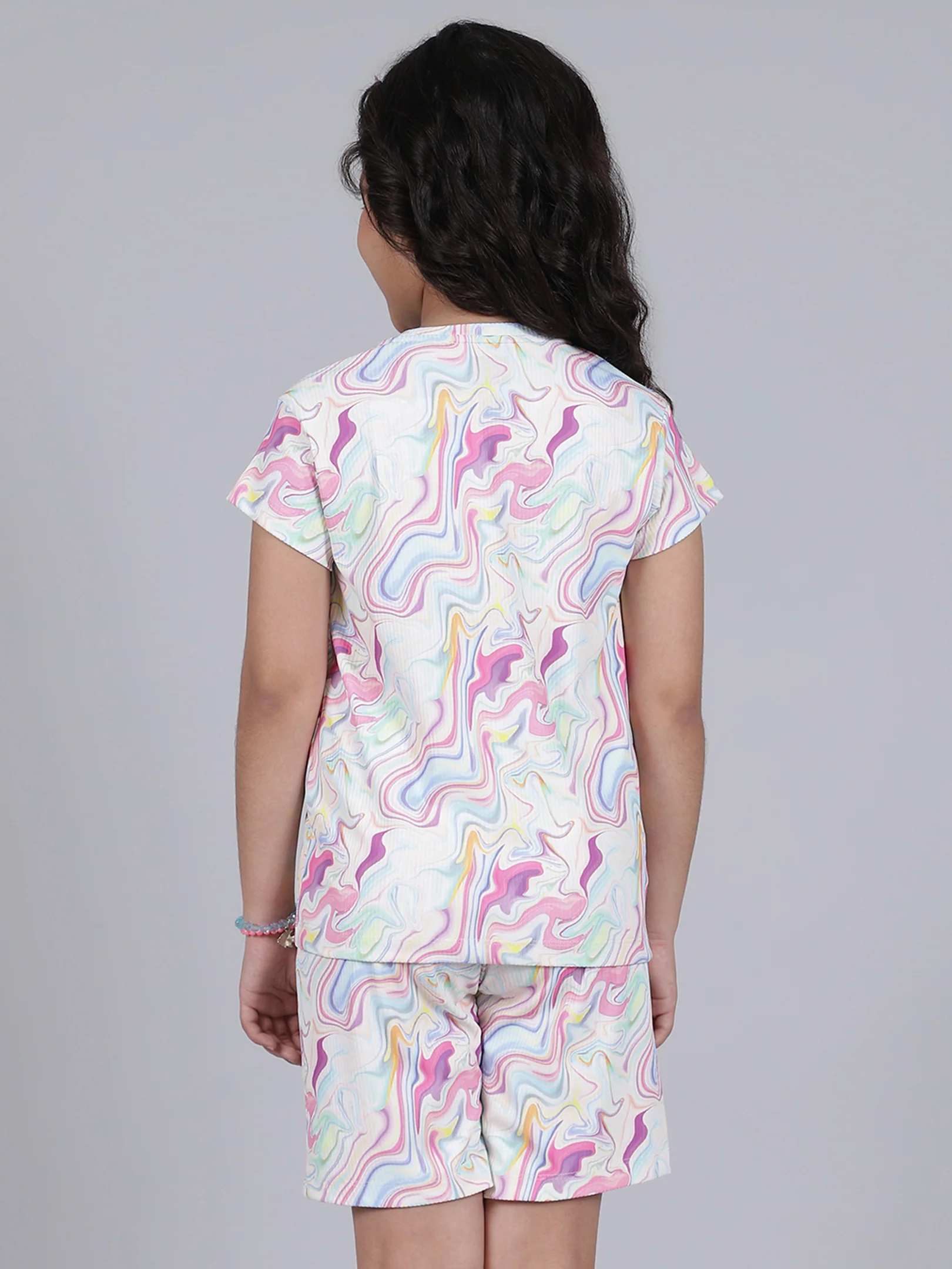 Girls Printed Pink Round Neck Half Sleeves Casual Co-ord-set - Image 4