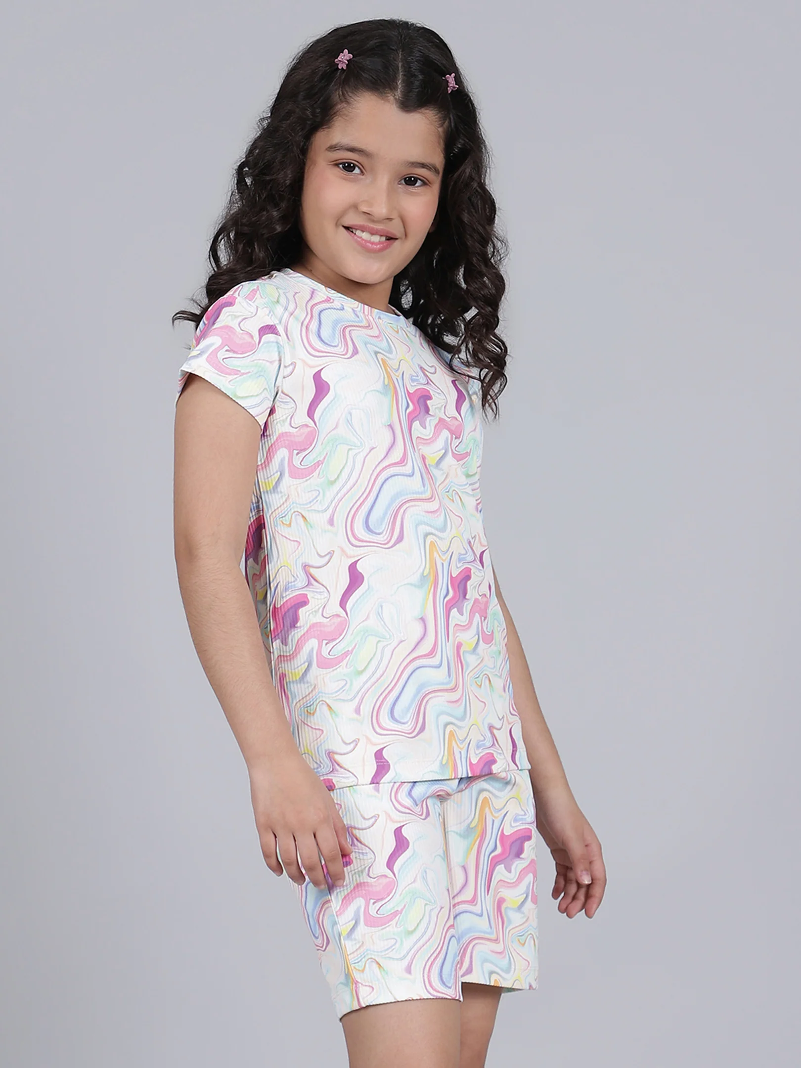 Girls Printed Pink Round Neck Half Sleeves Casual Co-ord-set - Image 5