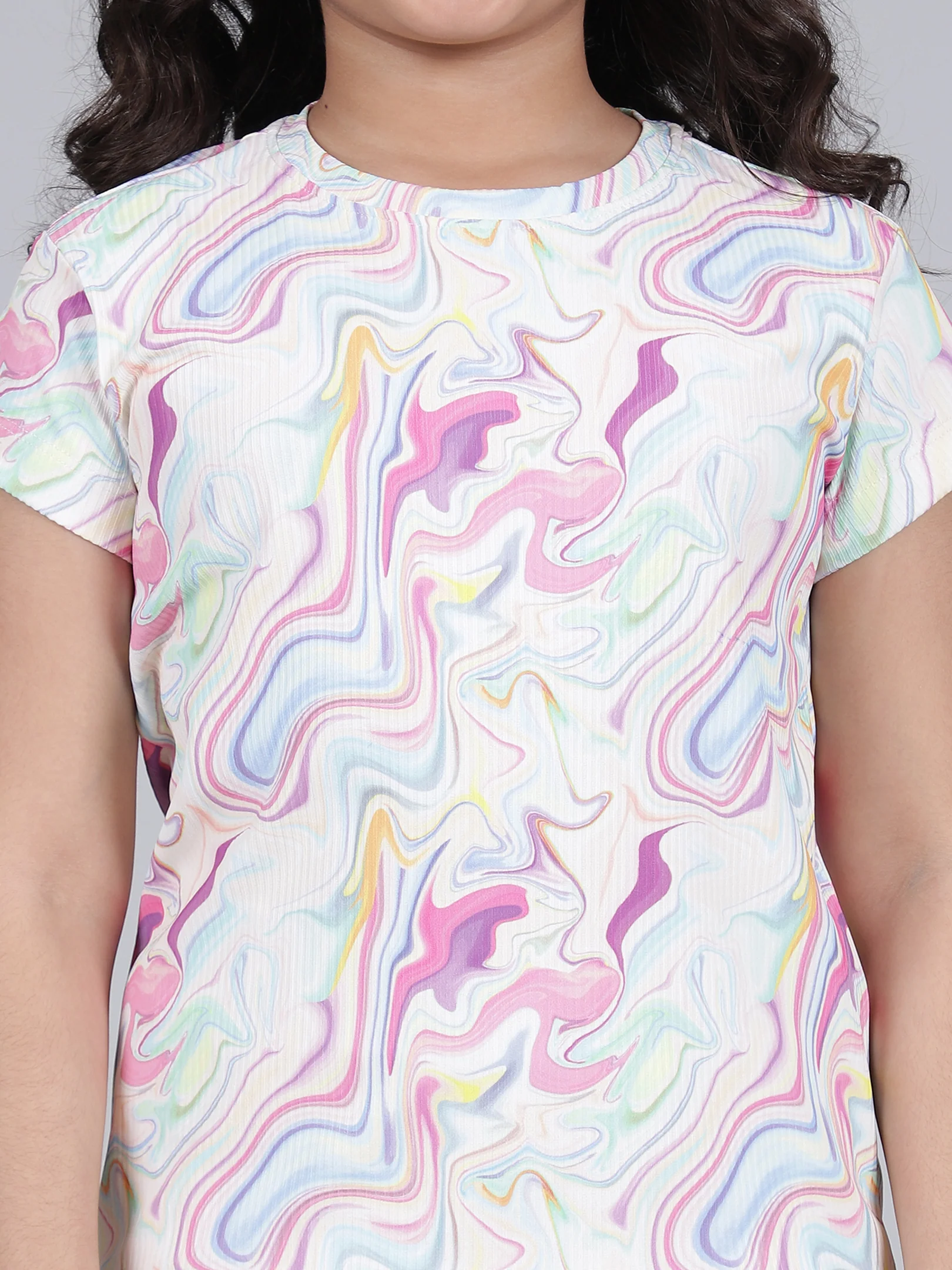 Girls Printed Pink Round Neck Half Sleeves Casual Co-ord-set - Image 6