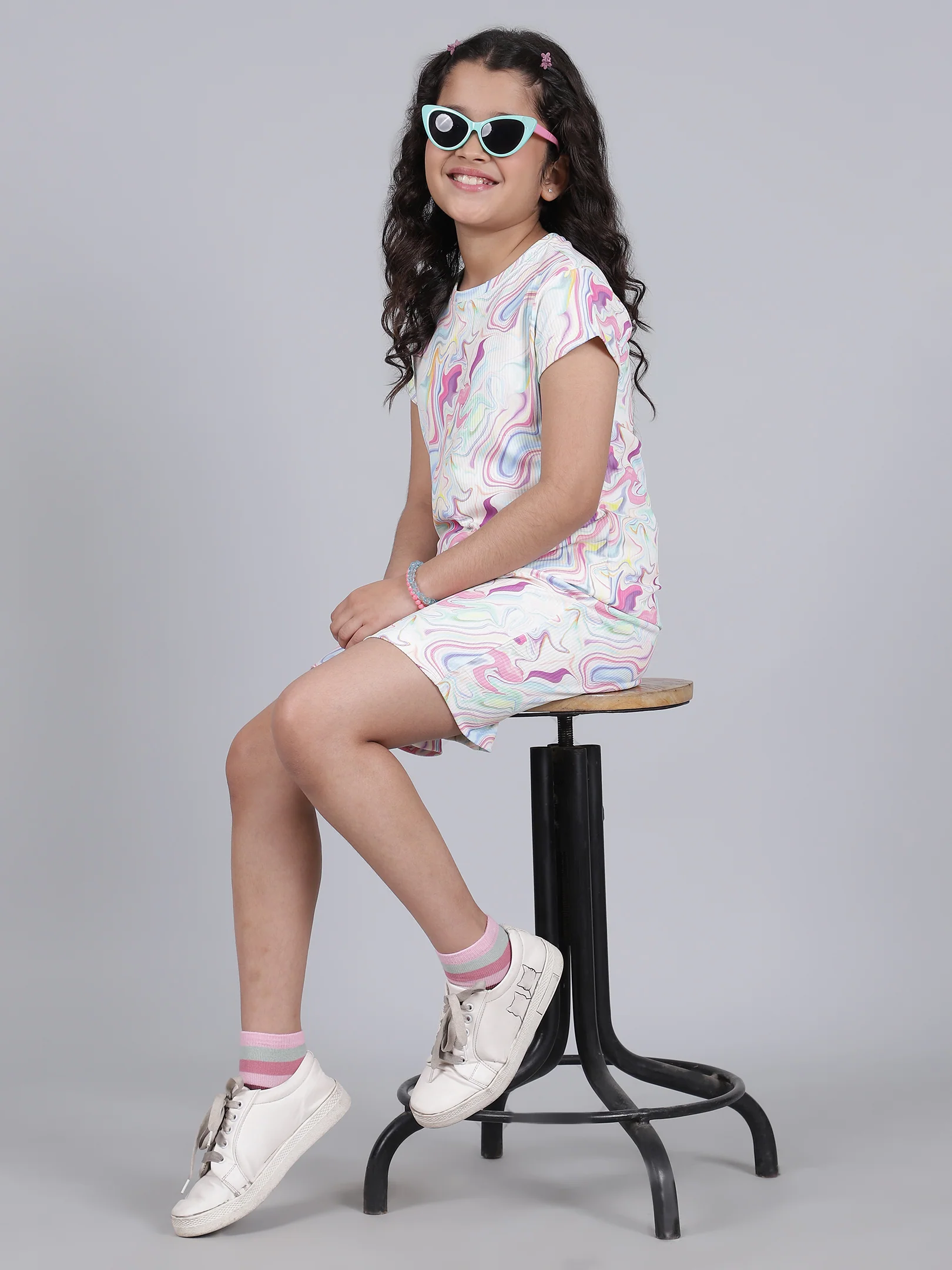 Girls Printed Pink Round Neck Half Sleeves Casual Co-ord-set - Image 7