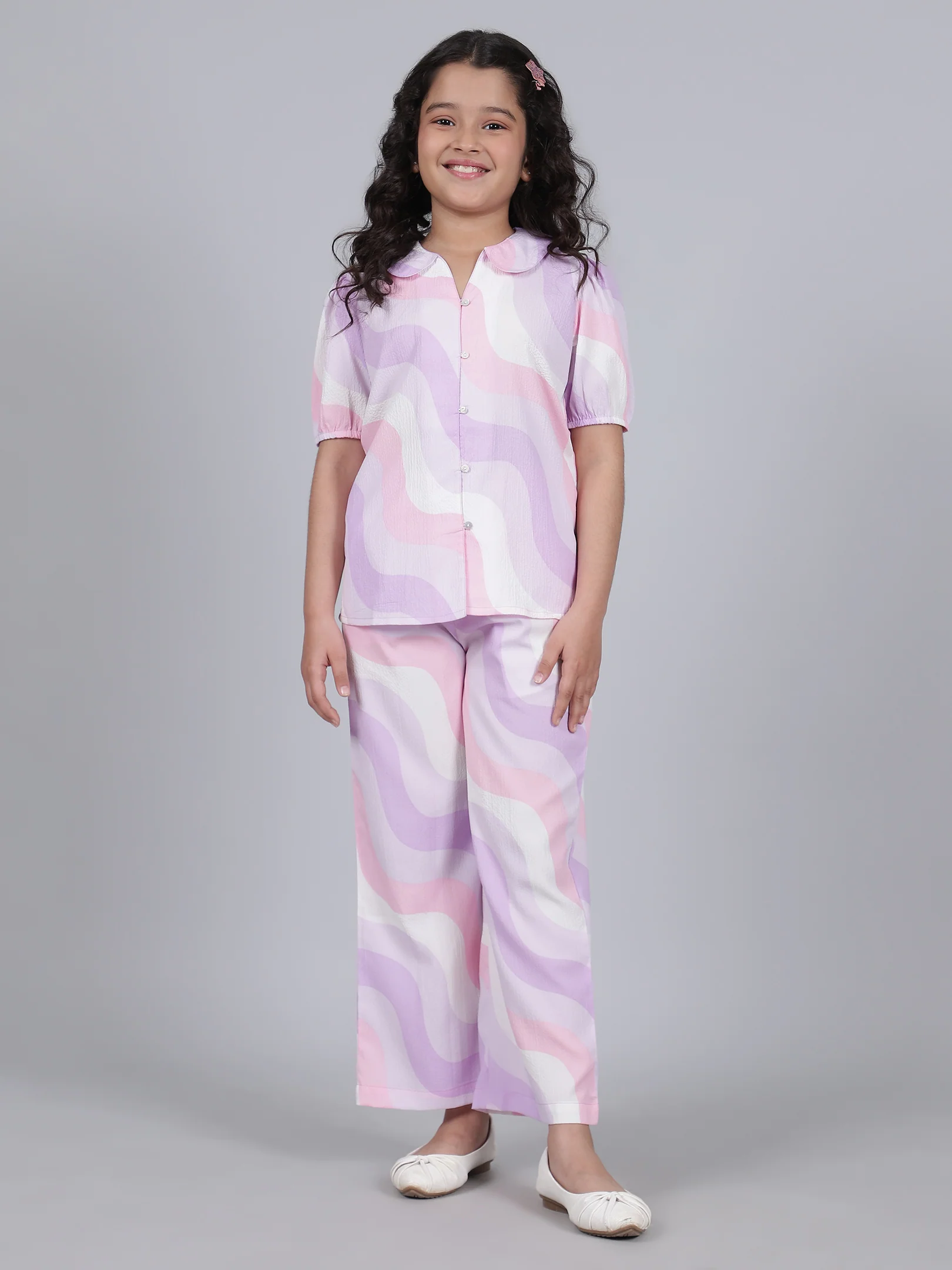 Girls Printed Purple Crew Neck Half Sleeves Casual Co-ord-set - Image 2