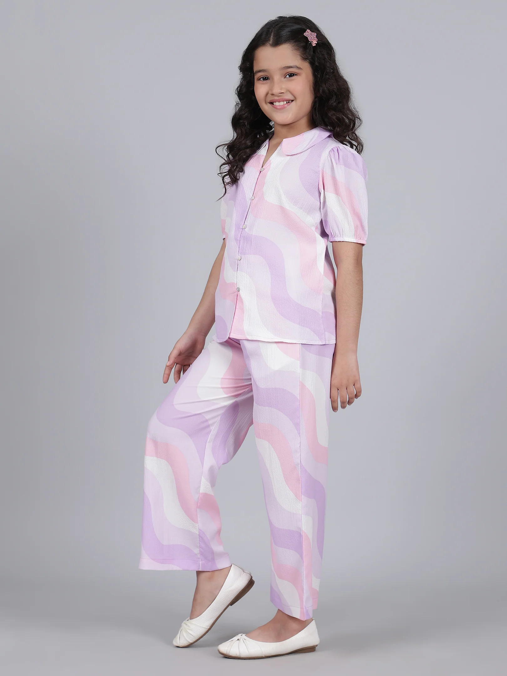 Girls Printed Purple Crew Neck Half Sleeves Casual Co-ord-set - Image 3