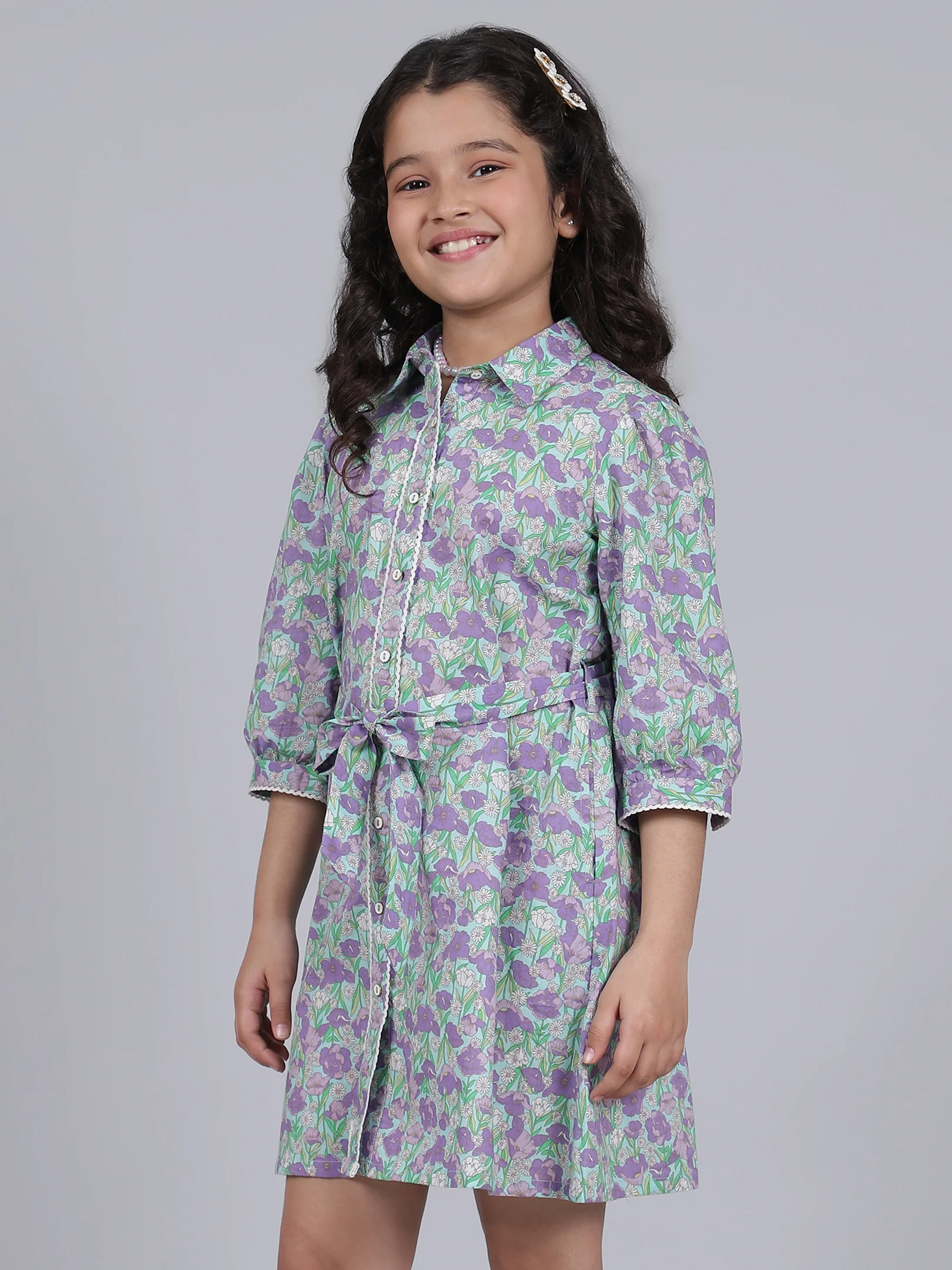 Girls Purple Printed Spread Collar 3/4th Sleeves Casual Dress - Image 3