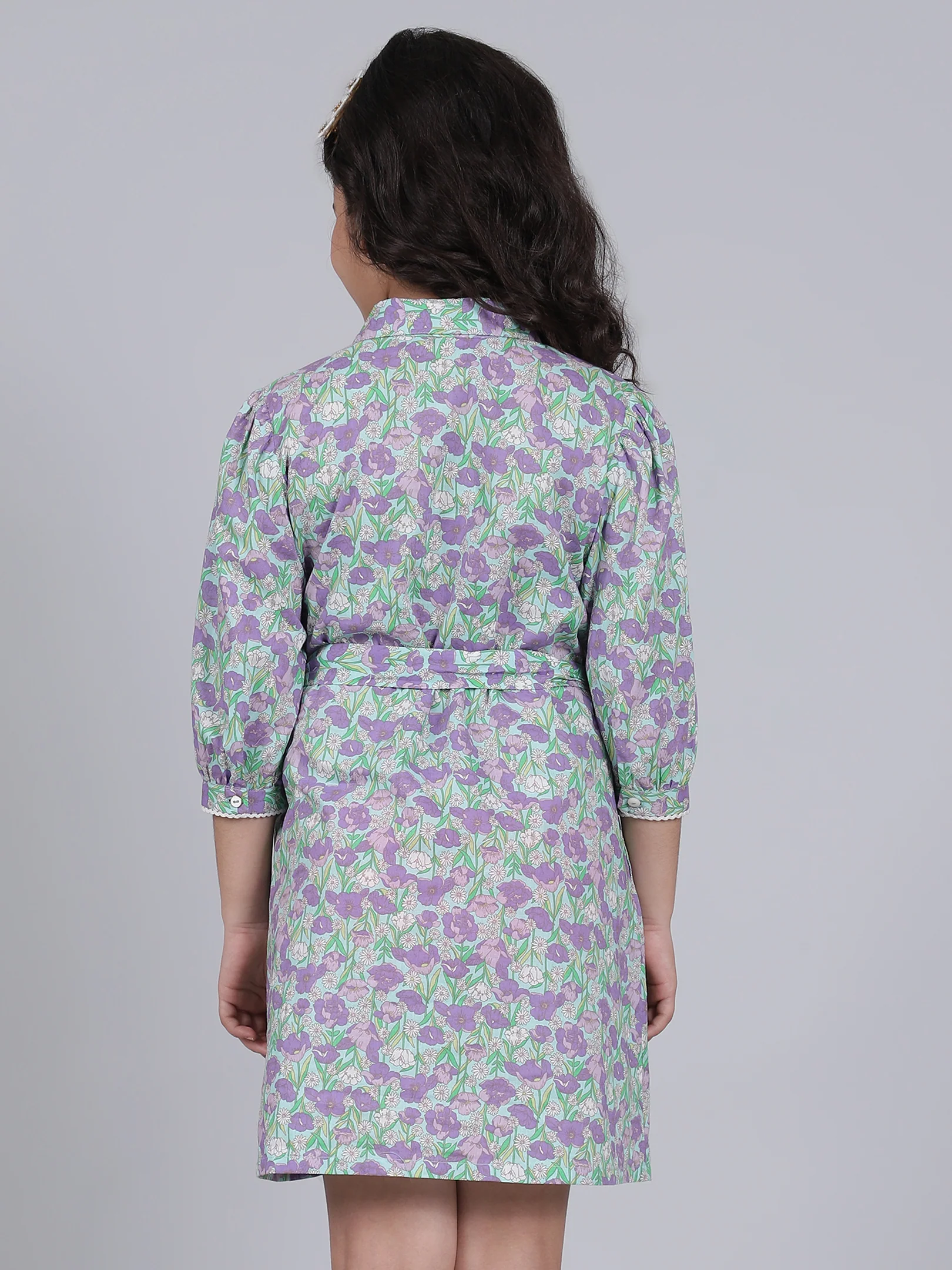 Girls Purple Printed Spread Collar 3/4th Sleeves Casual Dress - Image 4