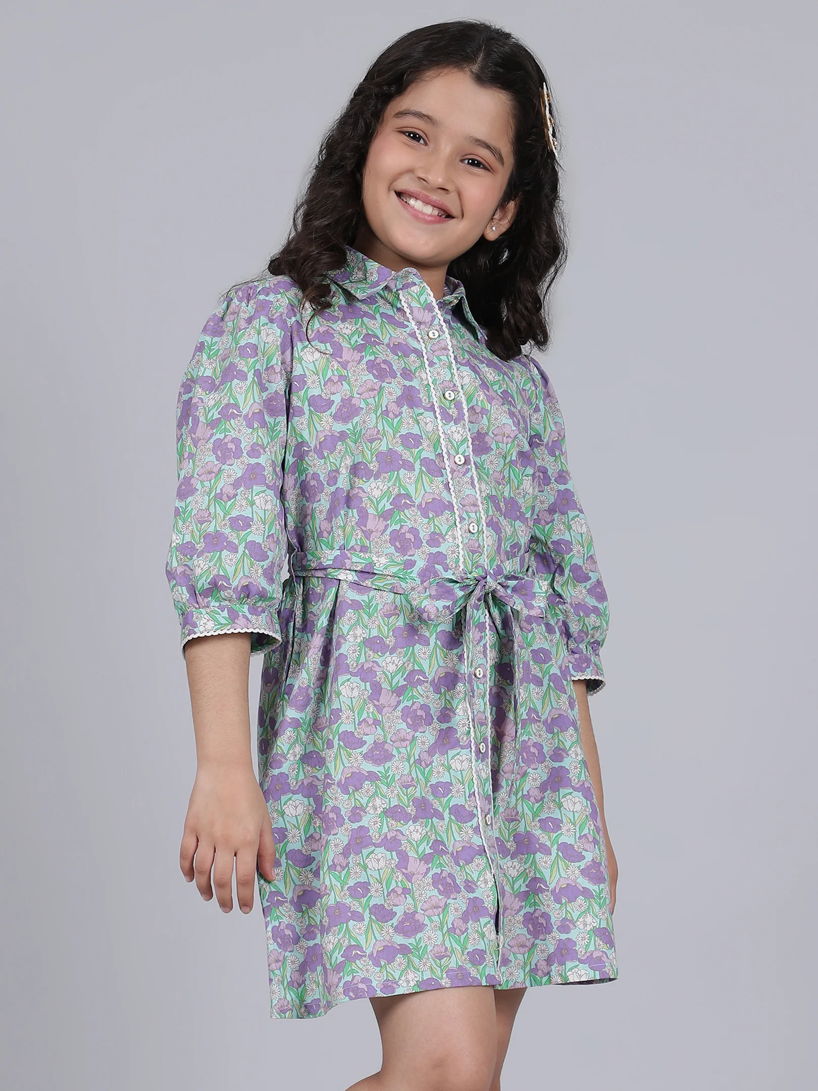 Girls Purple Printed Spread Collar 3/4th Sleeves Casual Dress - Image 5
