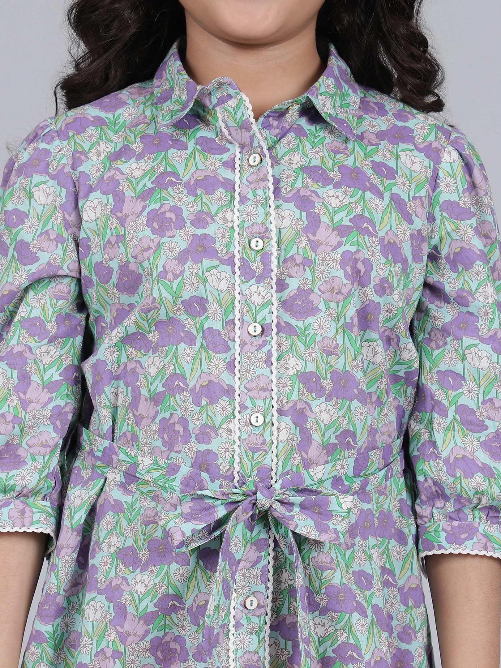 Girls Purple Printed Spread Collar 3/4th Sleeves Casual Dress - Image 6