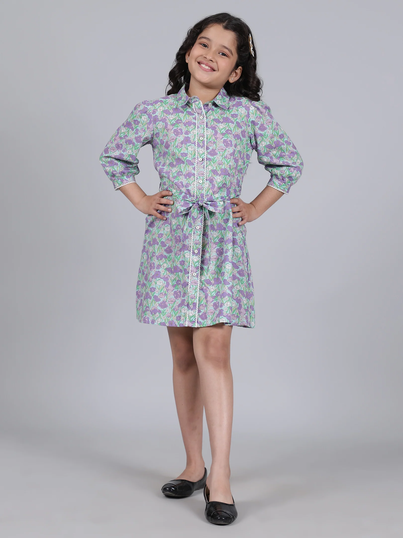 Girls Purple Printed Spread Collar 3/4th Sleeves Casual Dress - Image 7