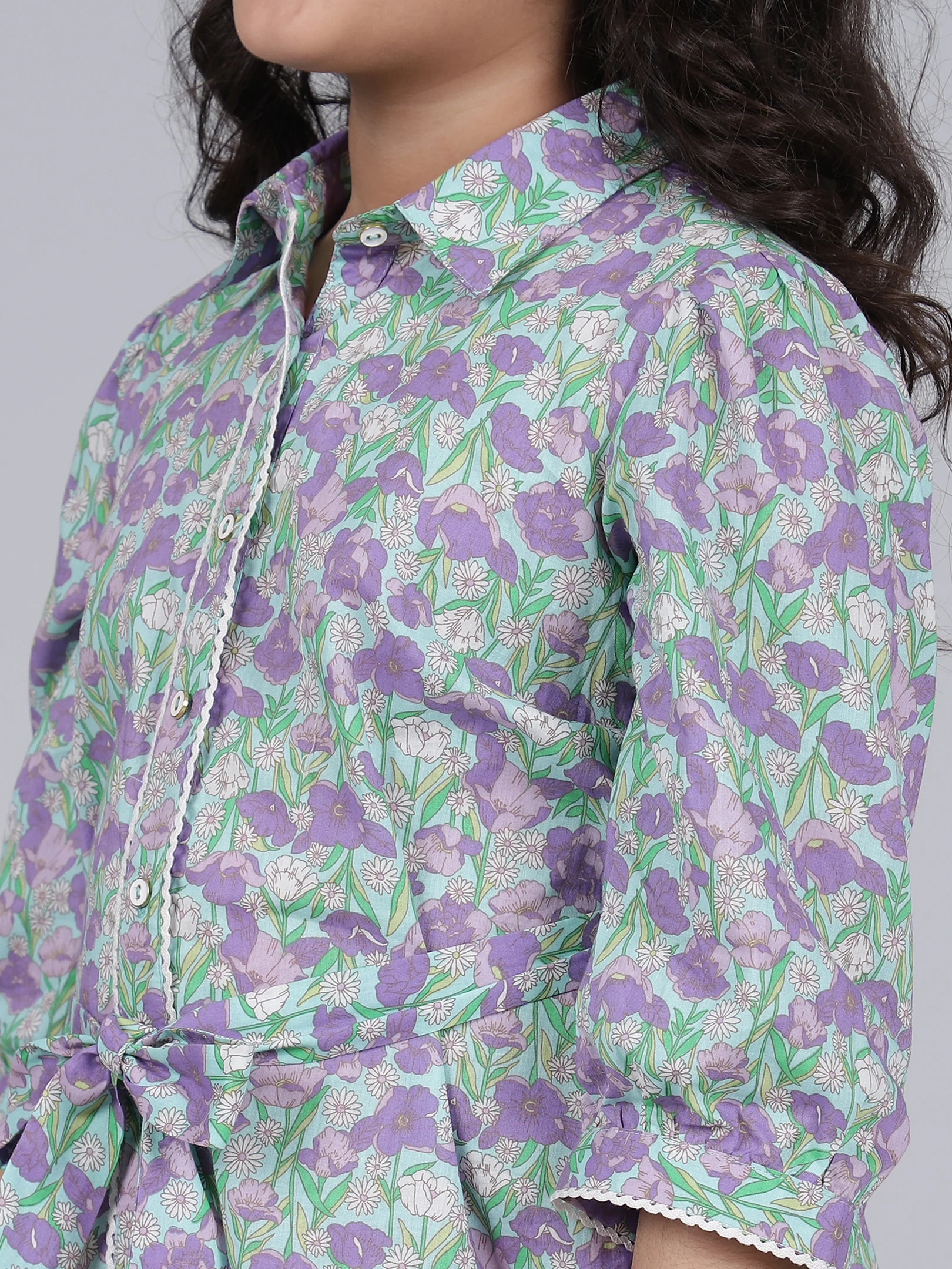 Girls Purple Printed Spread Collar 3/4th Sleeves Casual Dress - Image 8