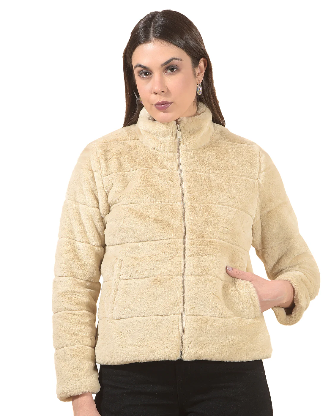 Jacket for Women | Premium Casual Jacket Regular Fit Mandarin Neck Hairy Fabric Solid Pattern - Image 10