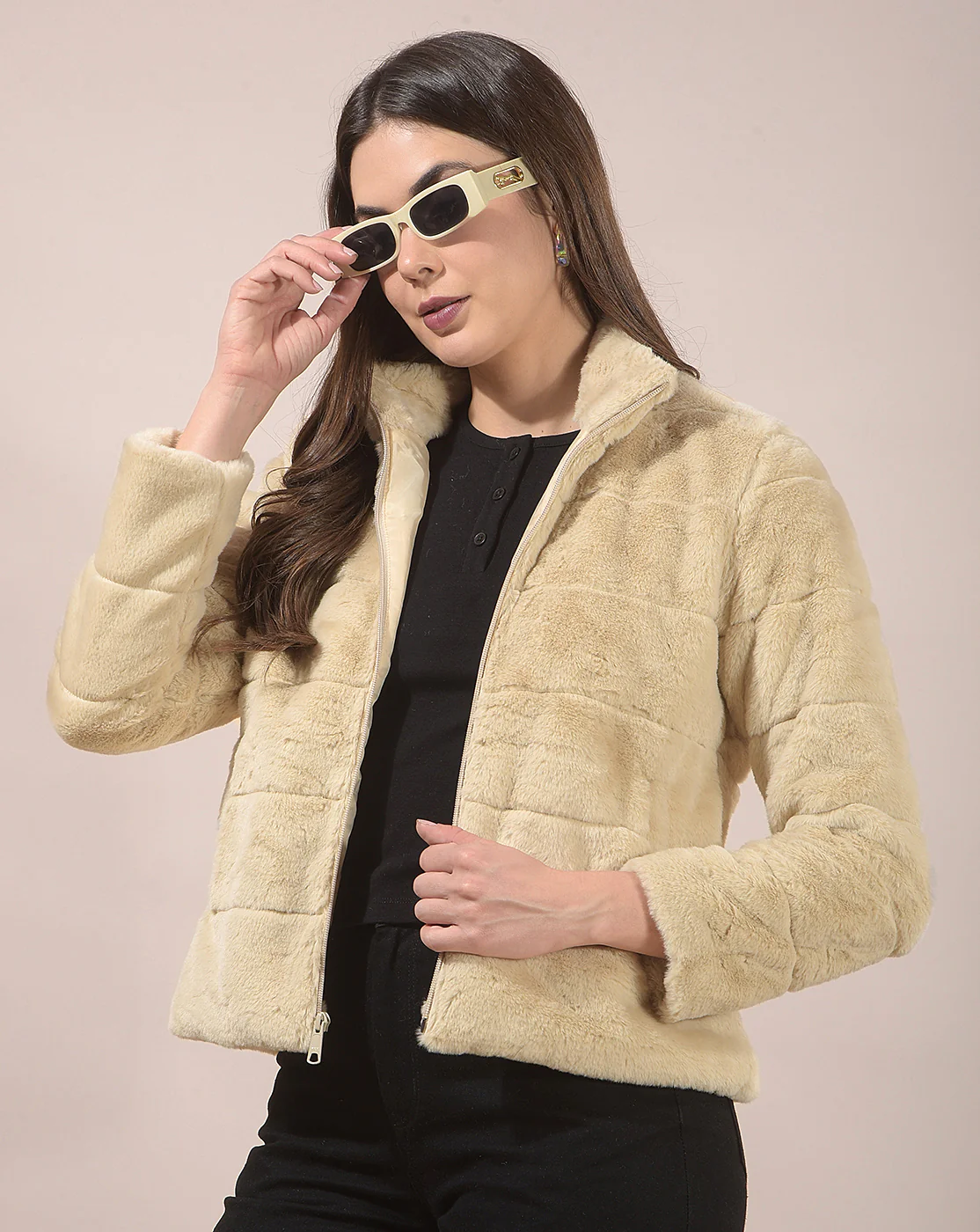 Jacket for Women | Premium Casual Jacket Regular Fit Mandarin Neck Hairy Fabric Solid Pattern - Image 2