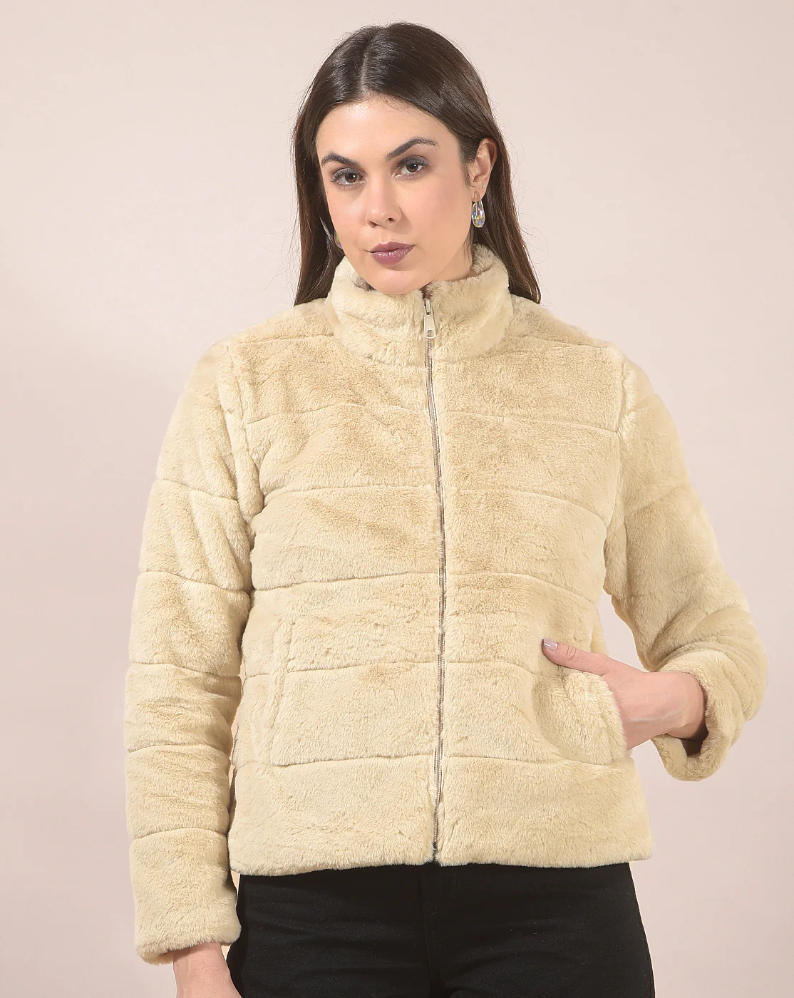 Jacket for Women | Premium Casual Jacket Regular Fit Mandarin Neck Hairy Fabric Solid Pattern - Image 4