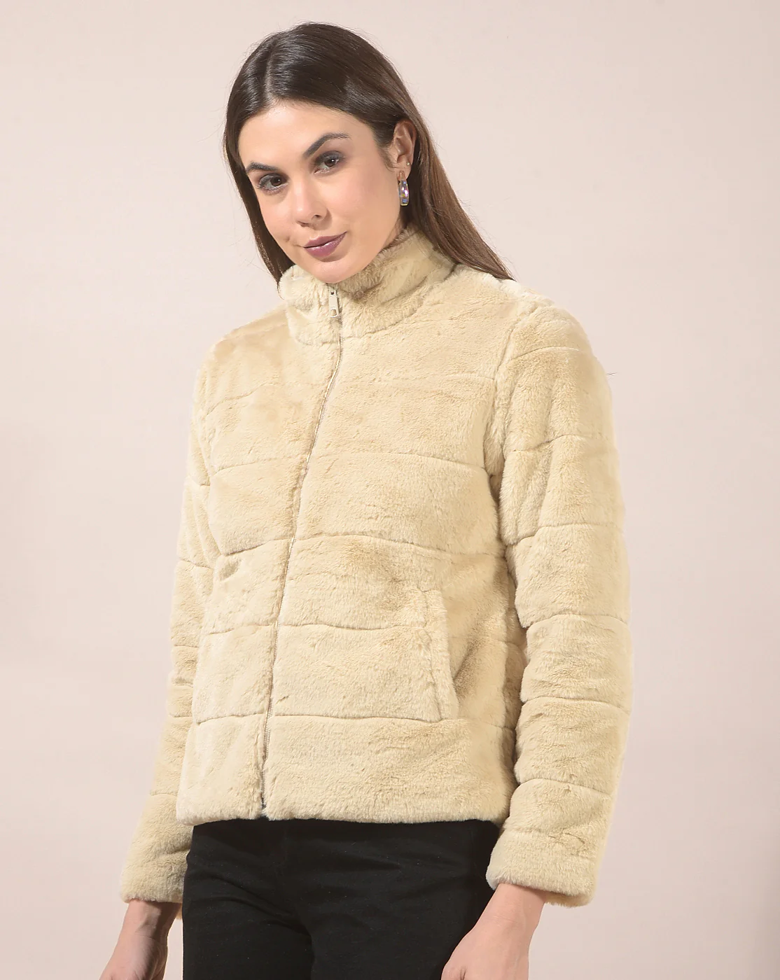 Jacket for Women | Premium Casual Jacket Regular Fit Mandarin Neck Hairy Fabric Solid Pattern - Image 5