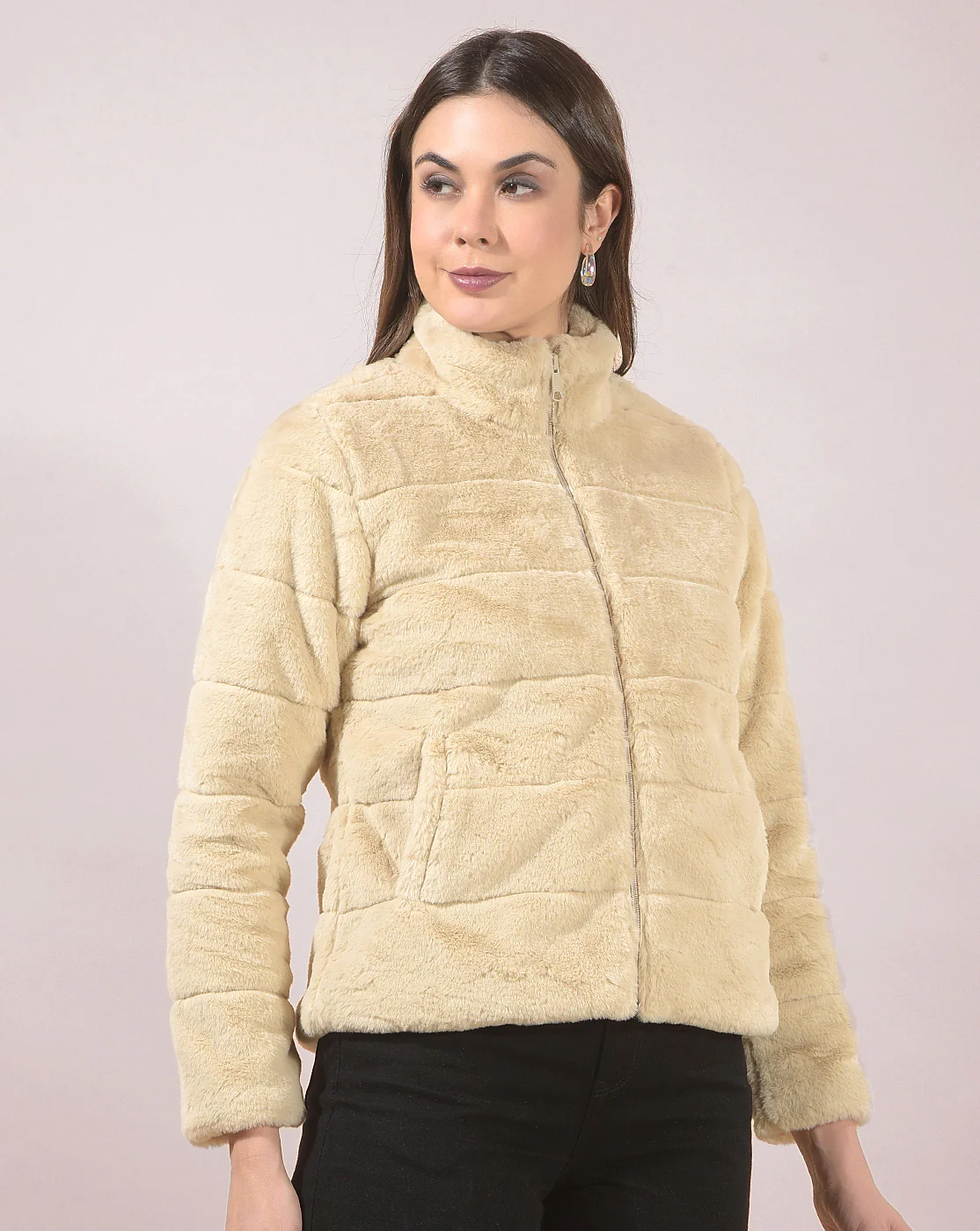 Jacket for Women | Premium Casual Jacket Regular Fit Mandarin Neck Hairy Fabric Solid Pattern - Image 6