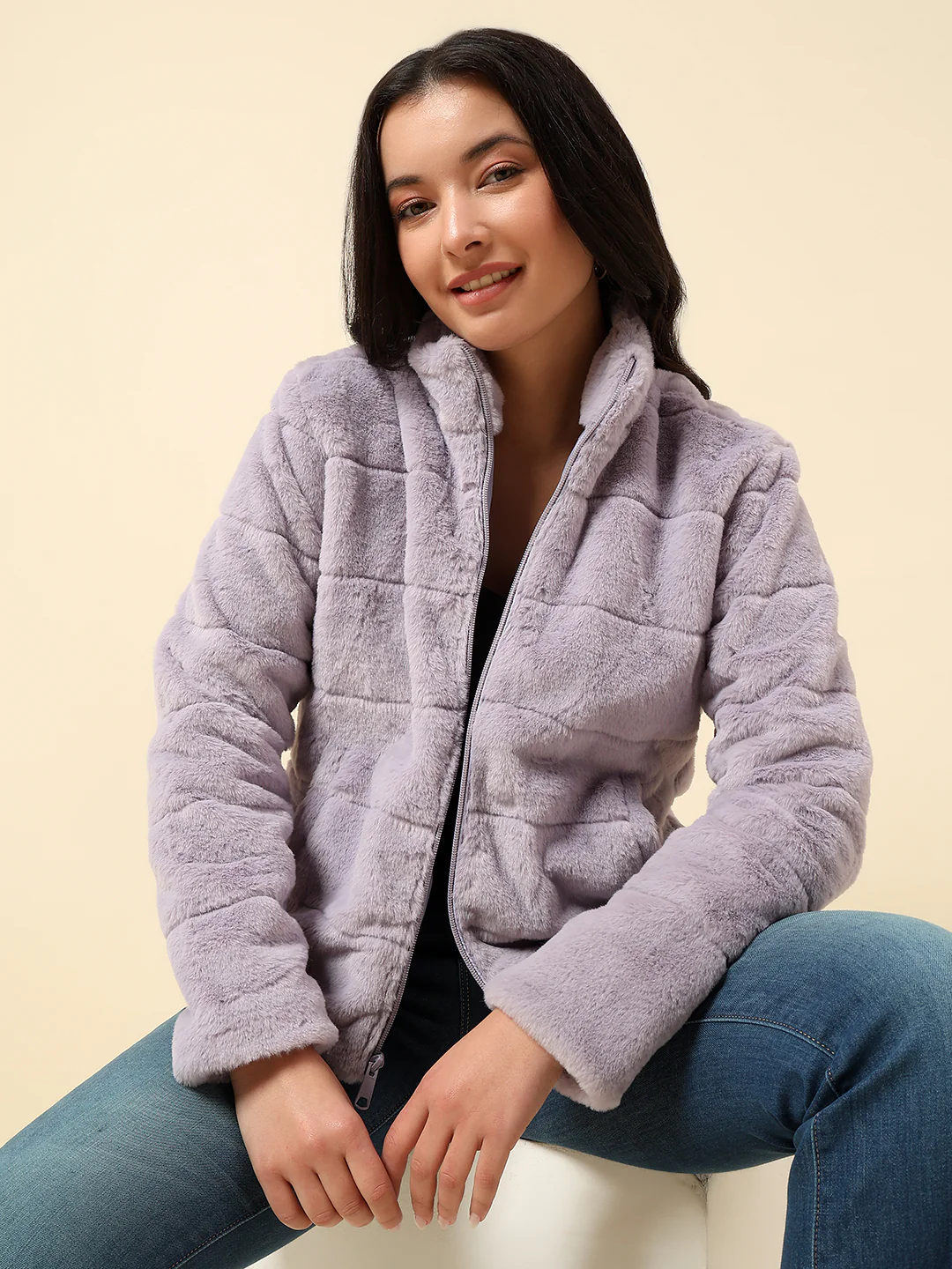 Jacket for Women | Premium Casual Jacket Regular Fit Mock Neck Hairy Fabric Solid Pattern - Image 2