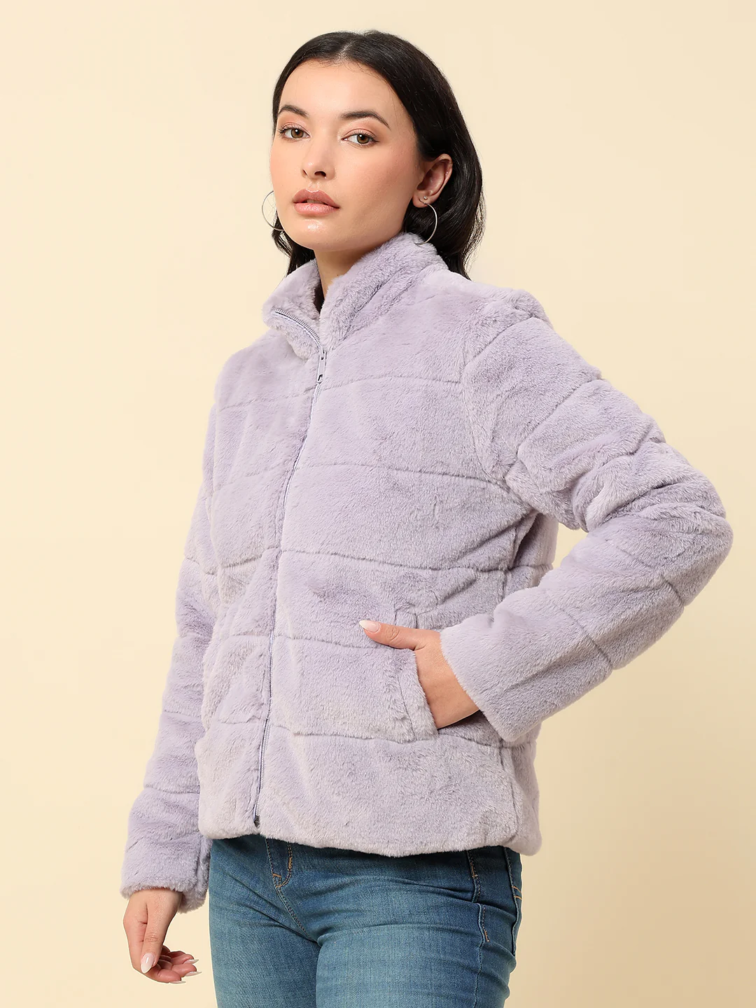 Jacket for Women | Premium Casual Jacket Regular Fit Mock Neck Hairy Fabric Solid Pattern - Image 3
