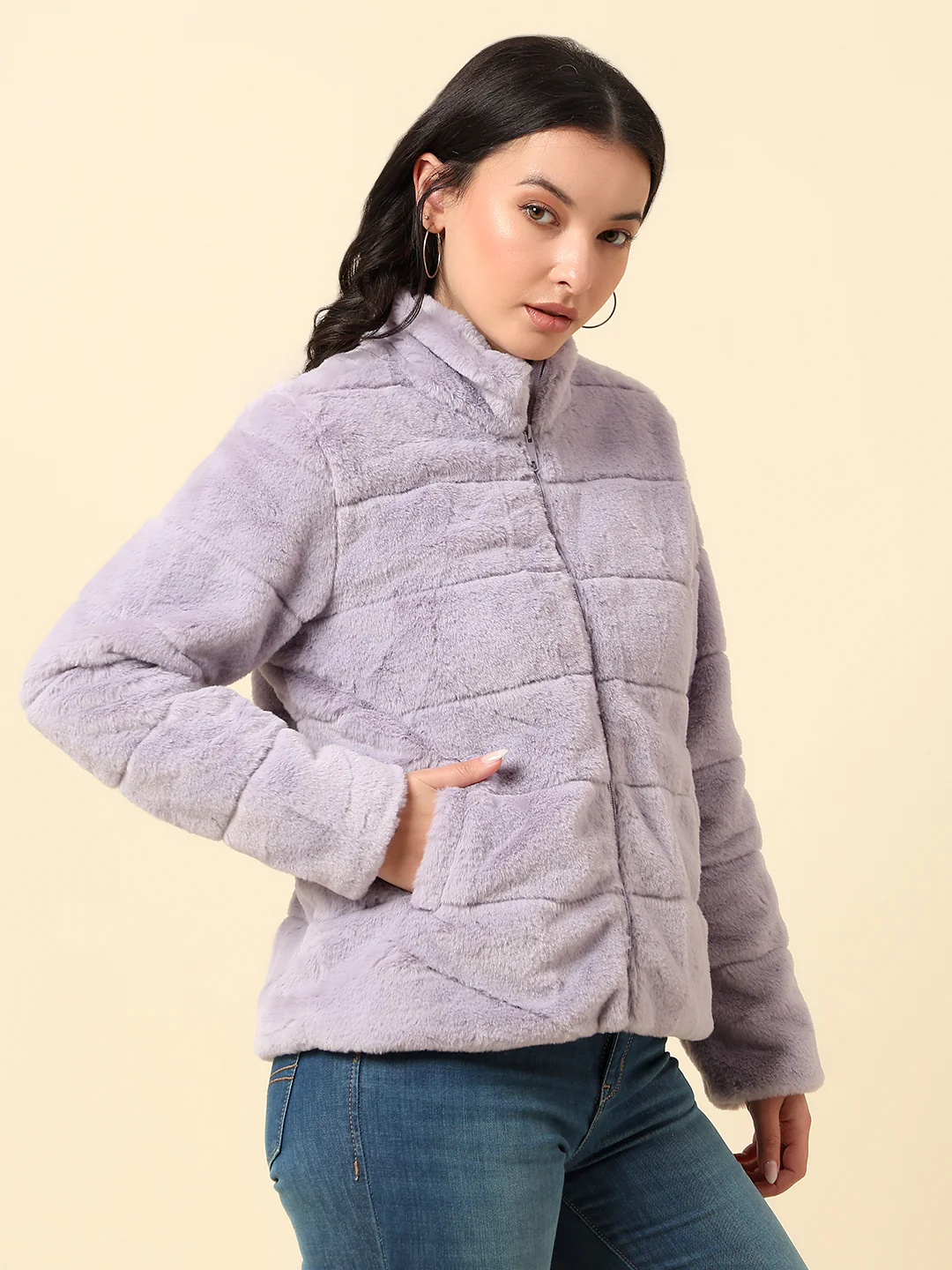 Jacket for Women | Premium Casual Jacket Regular Fit Mock Neck Hairy Fabric Solid Pattern - Image 4