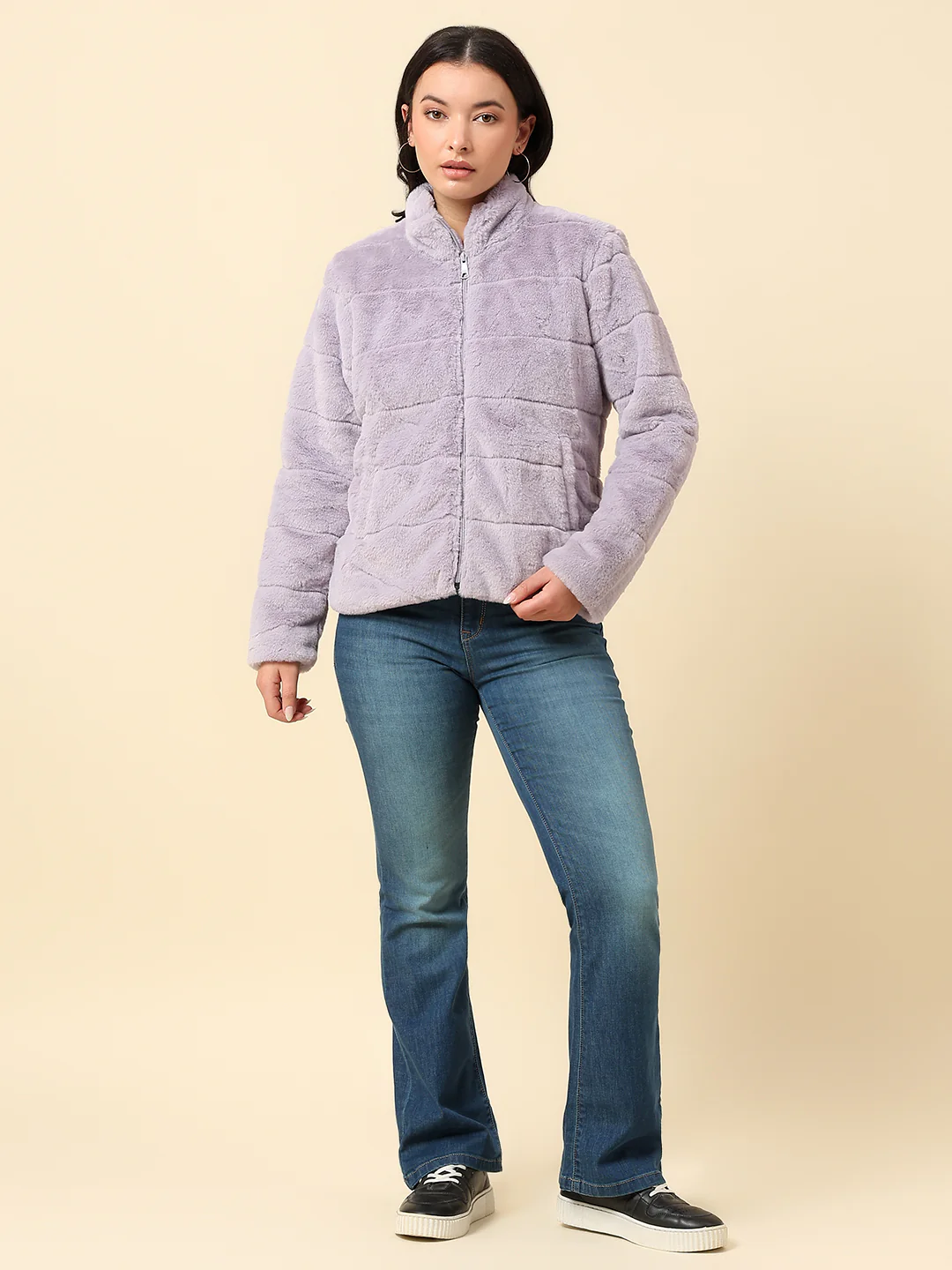 Jacket for Women | Premium Casual Jacket Regular Fit Mock Neck Hairy Fabric Solid Pattern - Image 7