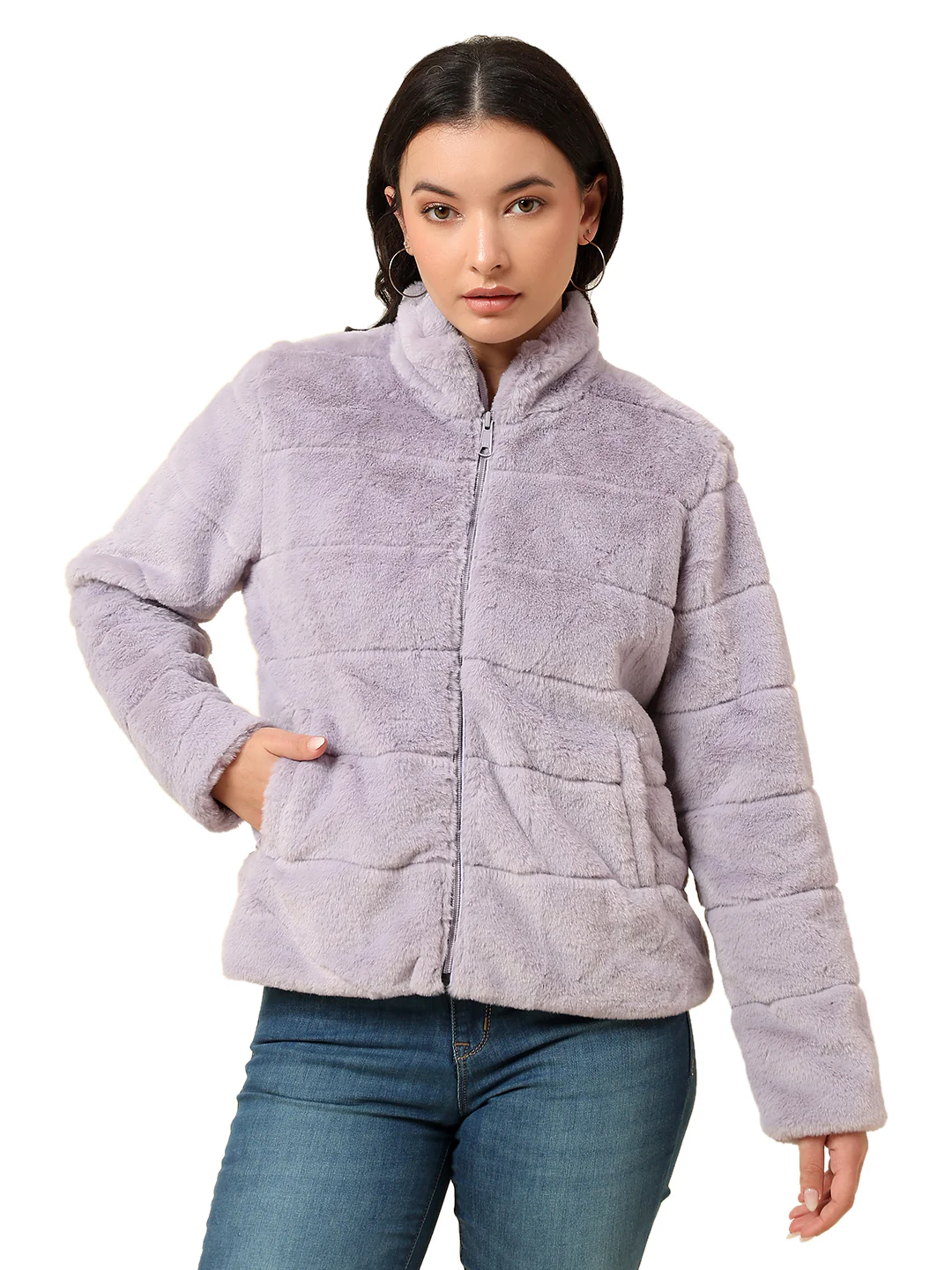 Jacket for Women | Premium Casual Jacket Regular Fit Mock Neck Hairy Fabric Solid Pattern - Image 9