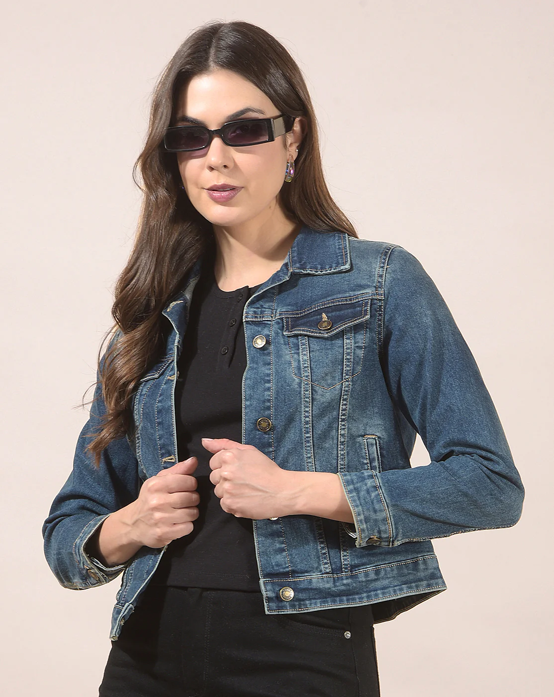 Jacket for Women | Premium Casual Jacket Regular Fit Spread Collar Denim Fabric Solid Pattern - Image 2