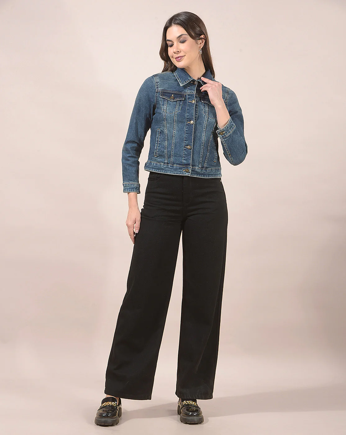 Jacket for Women | Premium Casual Jacket Regular Fit Spread Collar Denim Fabric Solid Pattern - Image 3
