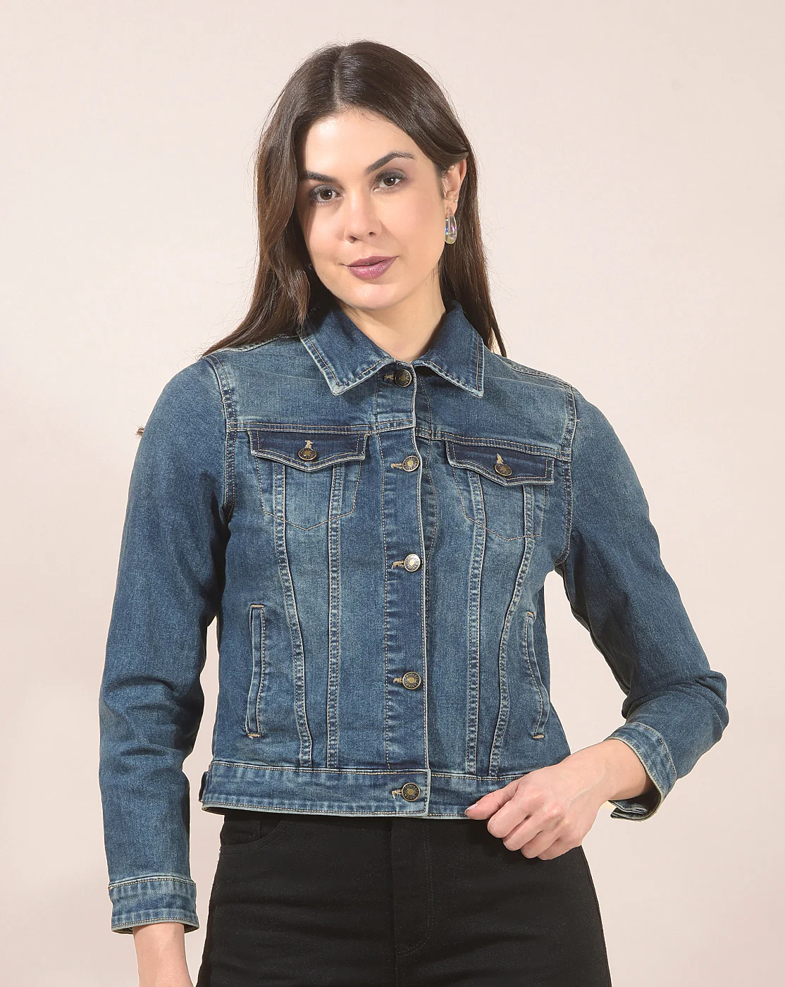 Jacket for Women | Premium Casual Jacket Regular Fit Spread Collar Denim Fabric Solid Pattern - Image 6