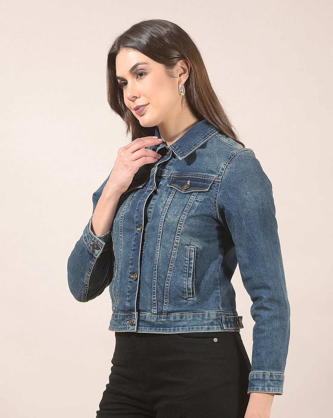 Jacket for Women | Premium Casual Jacket Regular Fit Spread Collar Denim Fabric Solid Pattern - Image 7