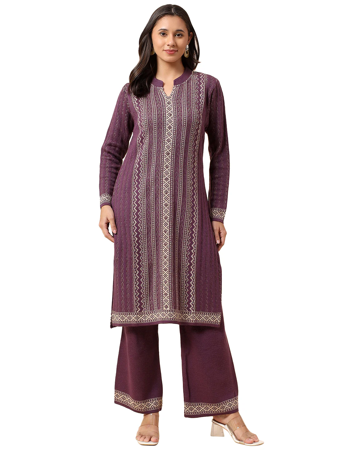 Kurti Palazzo Set for Women | Winter Wear Mandarin Collar Acrylic Fabric Printed Pattern - Image 10