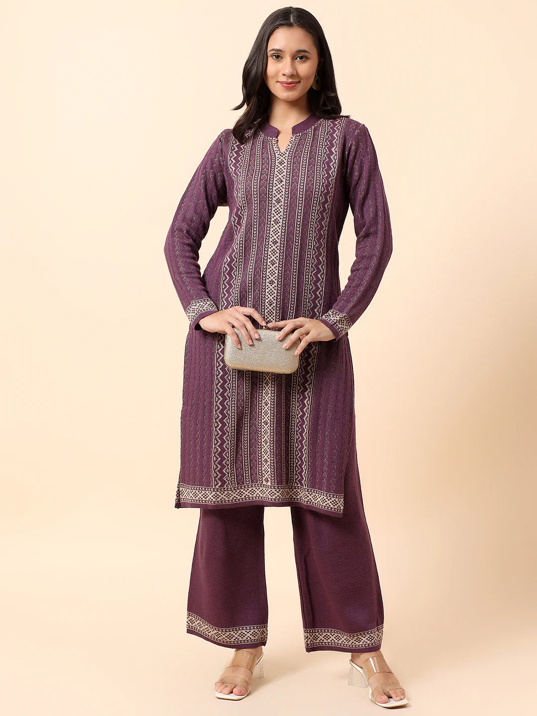 Kurti Palazzo Set for Women | Winter Wear Mandarin Collar Acrylic Fabric Printed Pattern - Image 2
