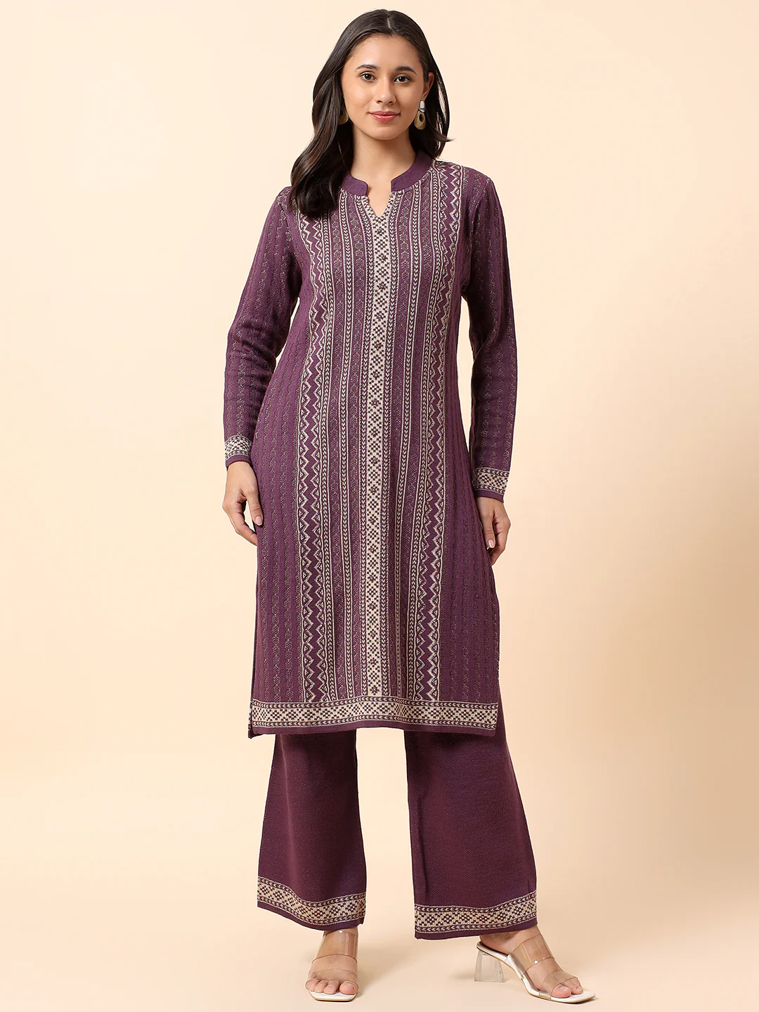 Kurti Palazzo Set for Women | Winter Wear Mandarin Collar Acrylic Fabric Printed Pattern - Image 3