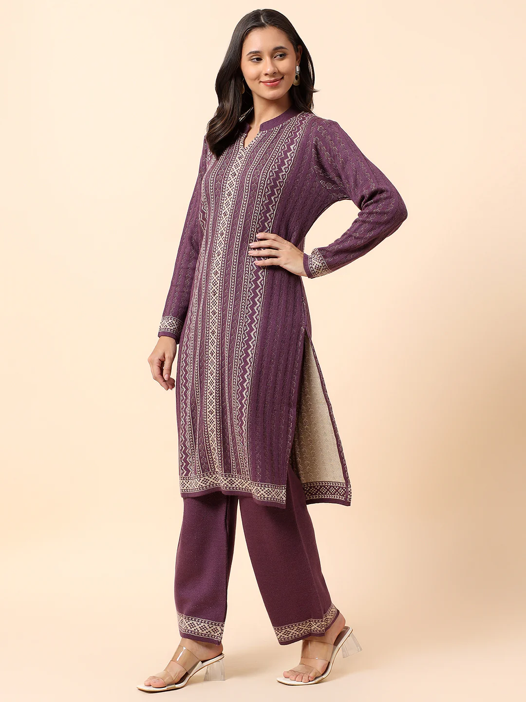 Kurti Palazzo Set for Women | Winter Wear Mandarin Collar Acrylic Fabric Printed Pattern - Image 4