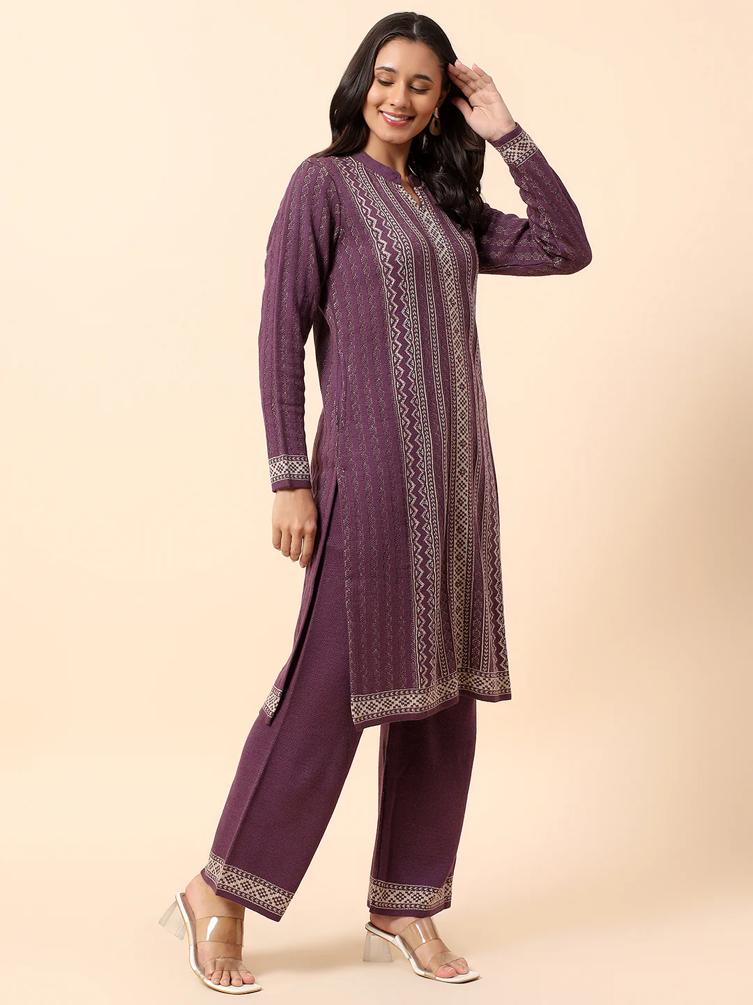 Kurti Palazzo Set for Women | Winter Wear Mandarin Collar Acrylic Fabric Printed Pattern - Image 5