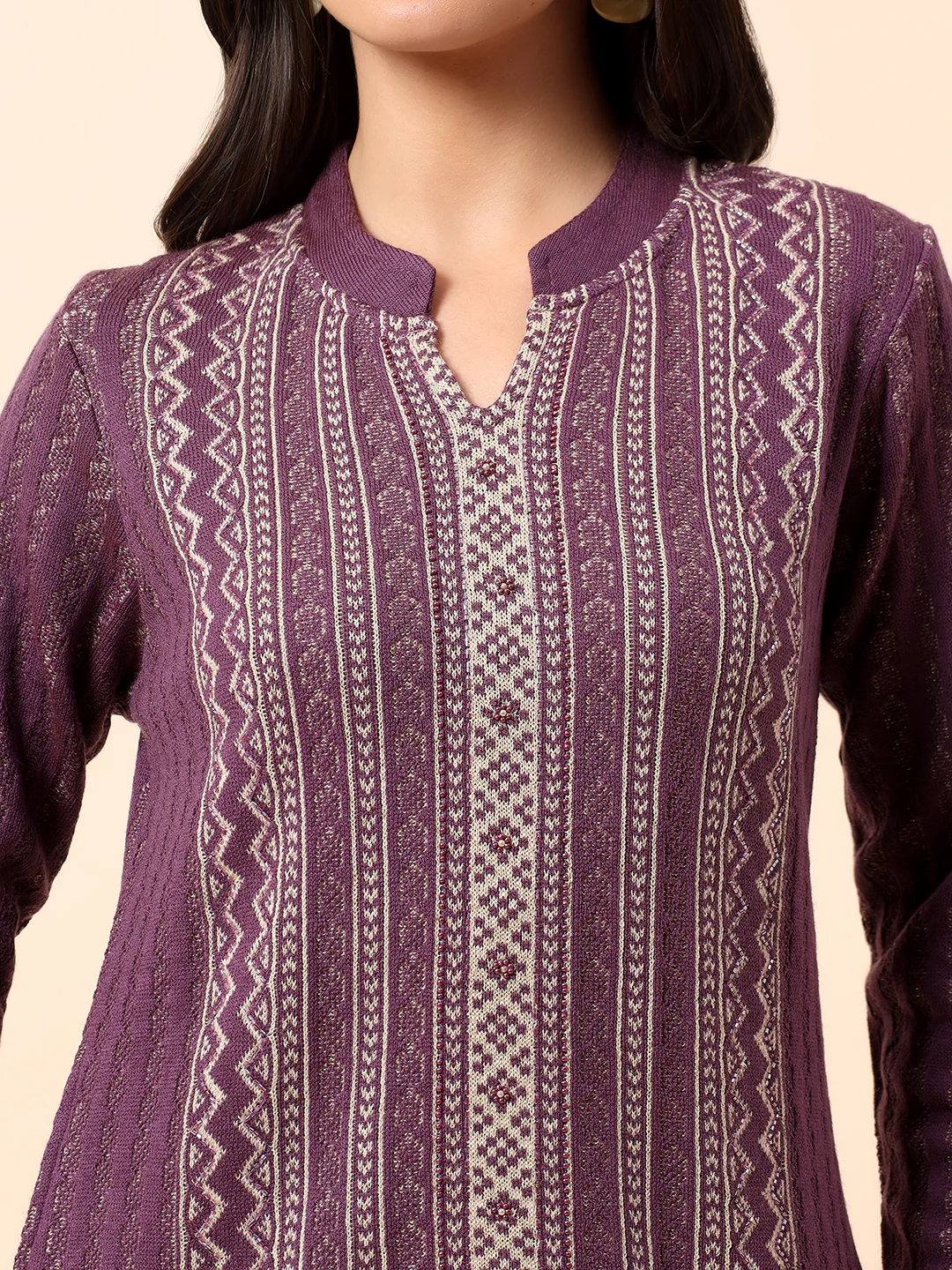 Kurti Palazzo Set for Women | Winter Wear Mandarin Collar Acrylic Fabric Printed Pattern - Image 7