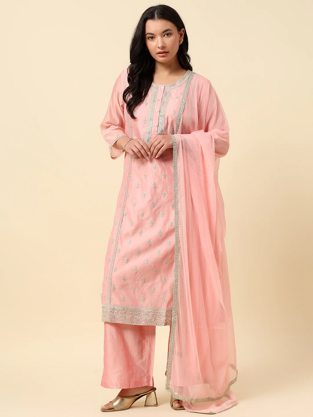 Kurti Palazzo Set for Women | Winter Wear Round Neck Poly Blend Fabric Embroidered Pattern - Image 2