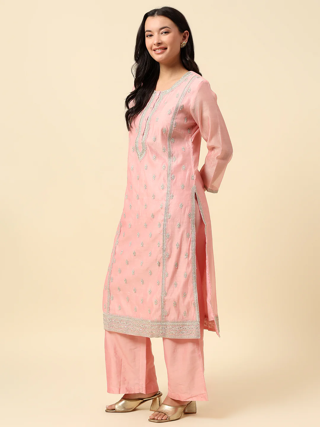 Kurti Palazzo Set for Women | Winter Wear Round Neck Poly Blend Fabric Embroidered Pattern - Image 3