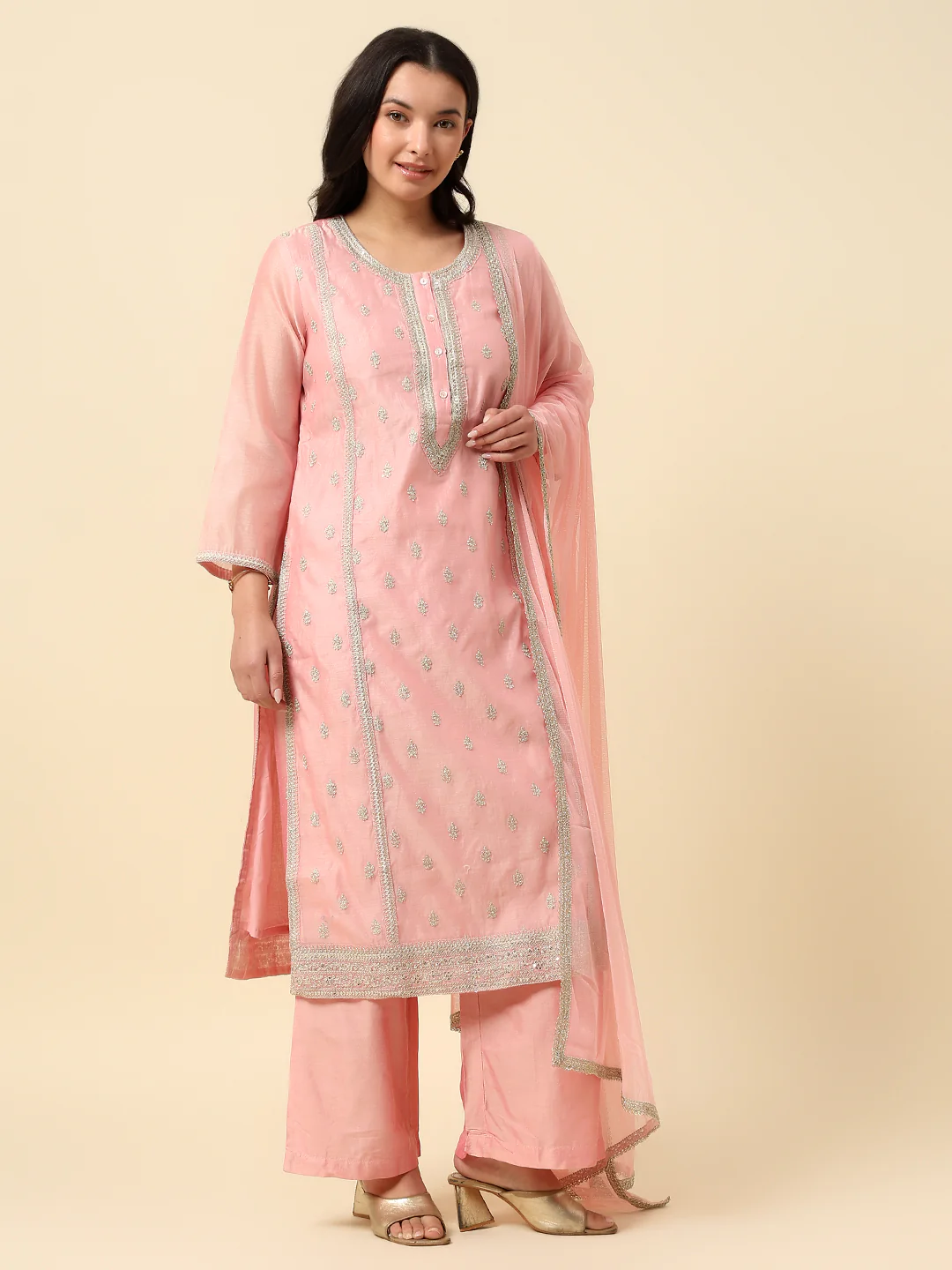 Kurti Palazzo Set for Women | Winter Wear Round Neck Poly Blend Fabric Embroidered Pattern - Image 4